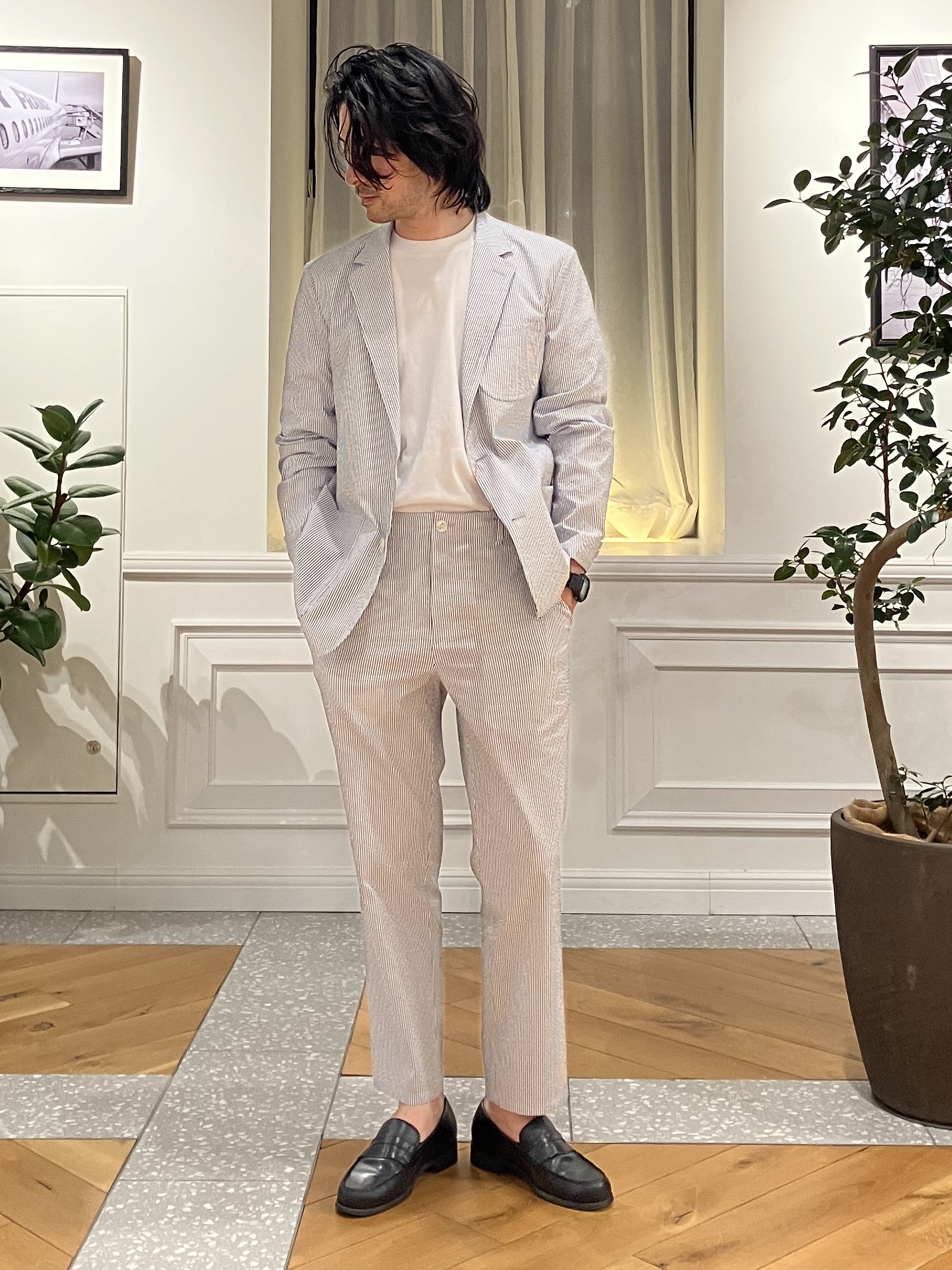 junyaさんの「DRESSTERIOR｜【吸湿速乾/セットアップ可/ウォッシャブル】COOLMAX シアサッカー サマージャケット」を使ったコーディネート