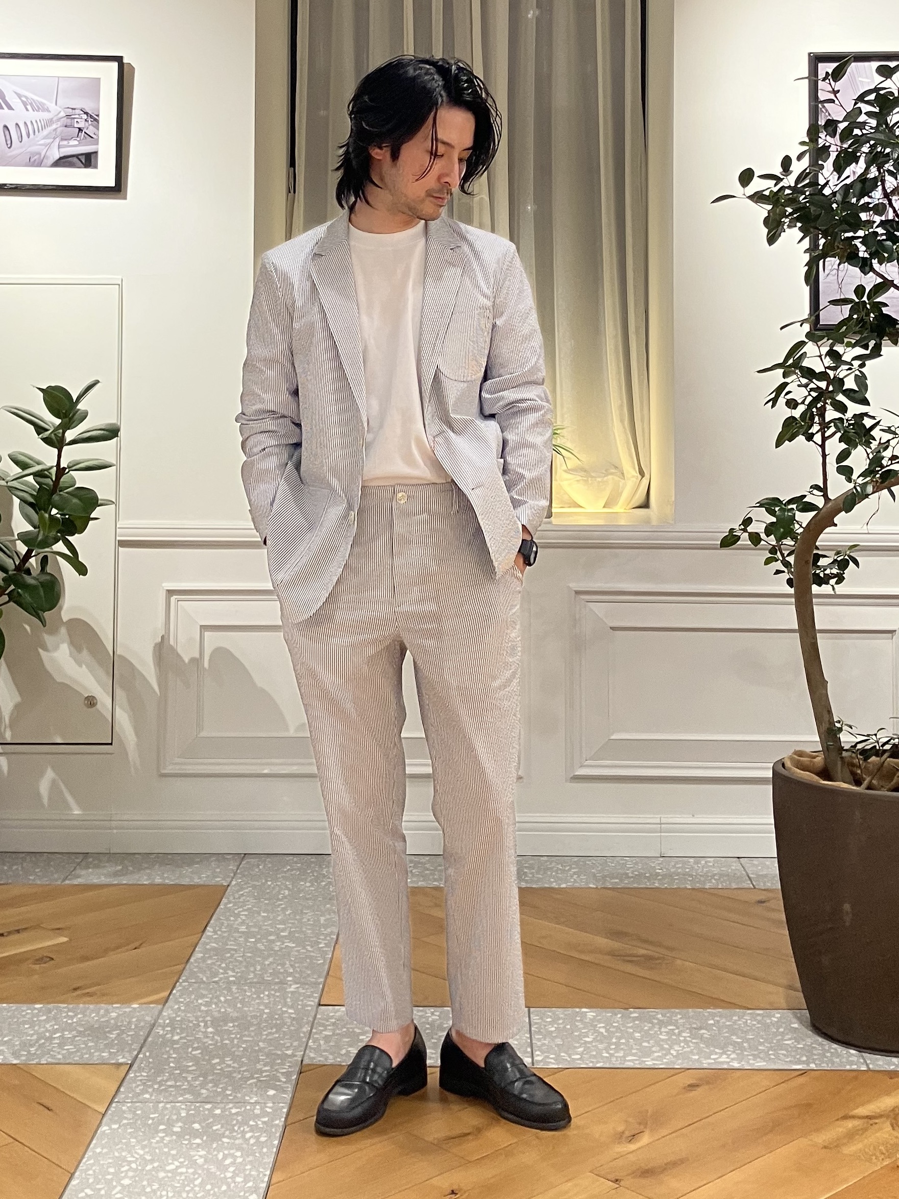 junyaさんの「DRESSTERIOR｜【吸湿速乾/セットアップ可/ウォッシャブル】COOLMAX シアサッカー サマージャケット」を使ったコーディネート
