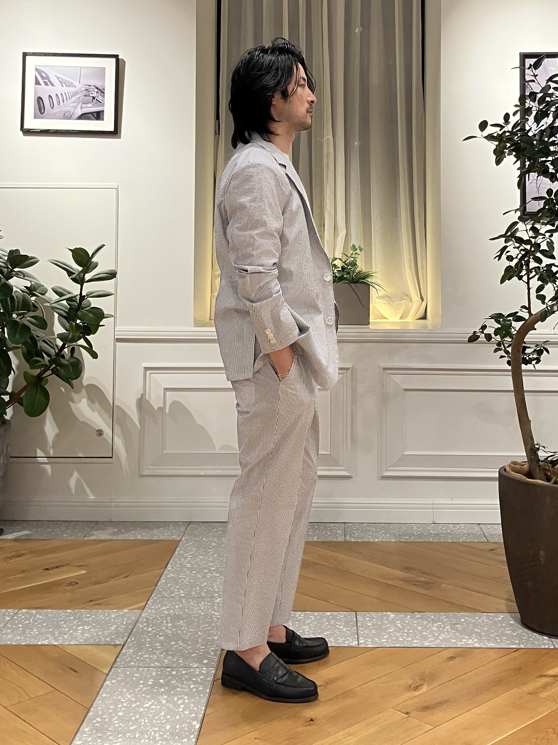 junyaさんの「DRESSTERIOR｜【吸湿速乾/セットアップ可/ウォッシャブル】COOLMAX シアサッカー サマージャケット」を使ったコーディネート
