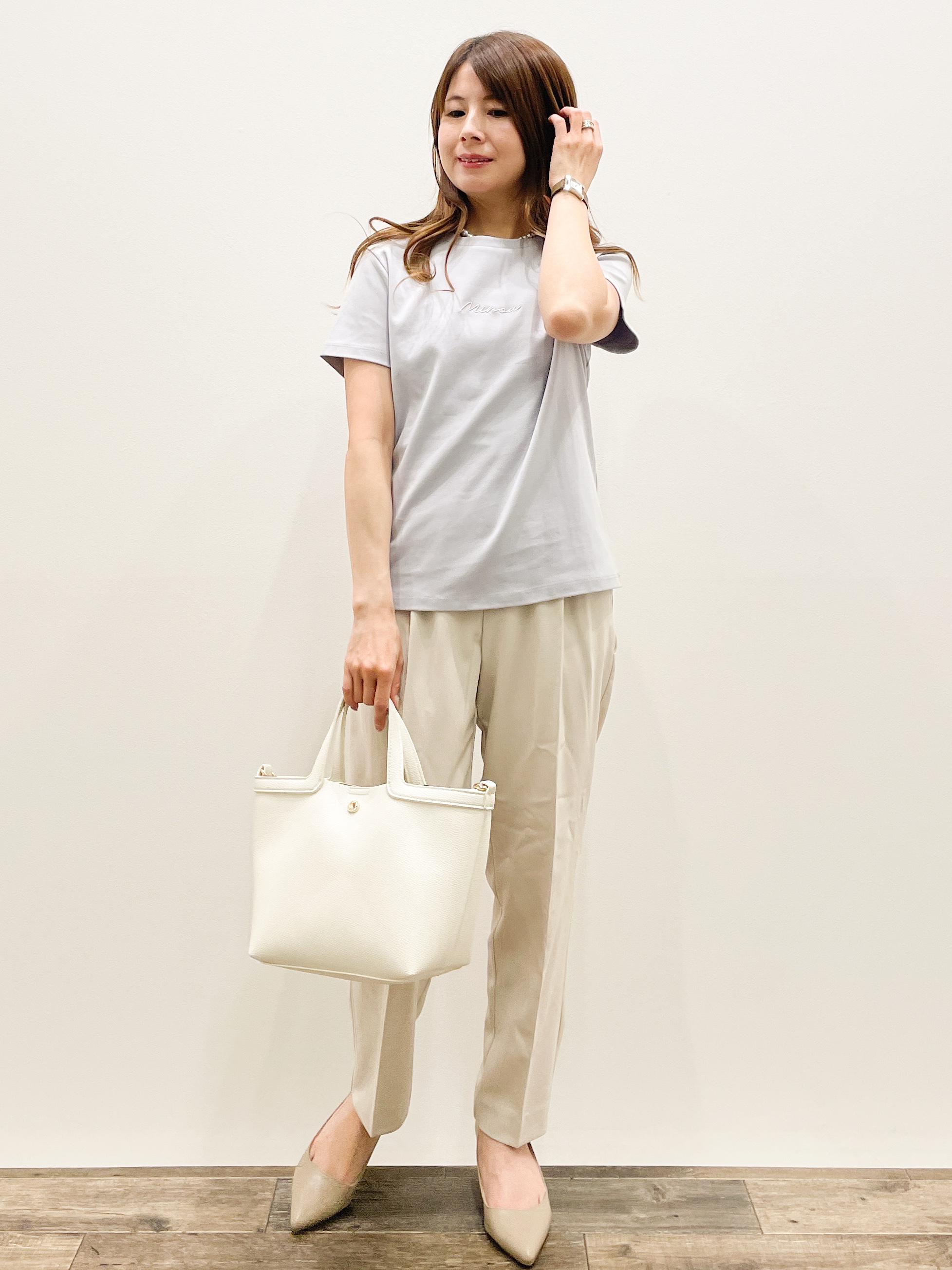 Asukaさんの「OPAQUE.CLIP｜【UVケア／接触冷感】フロントロゴ刺繍Tシャツ《洗濯機OK／S-3L／7col》」を使ったコーディネート