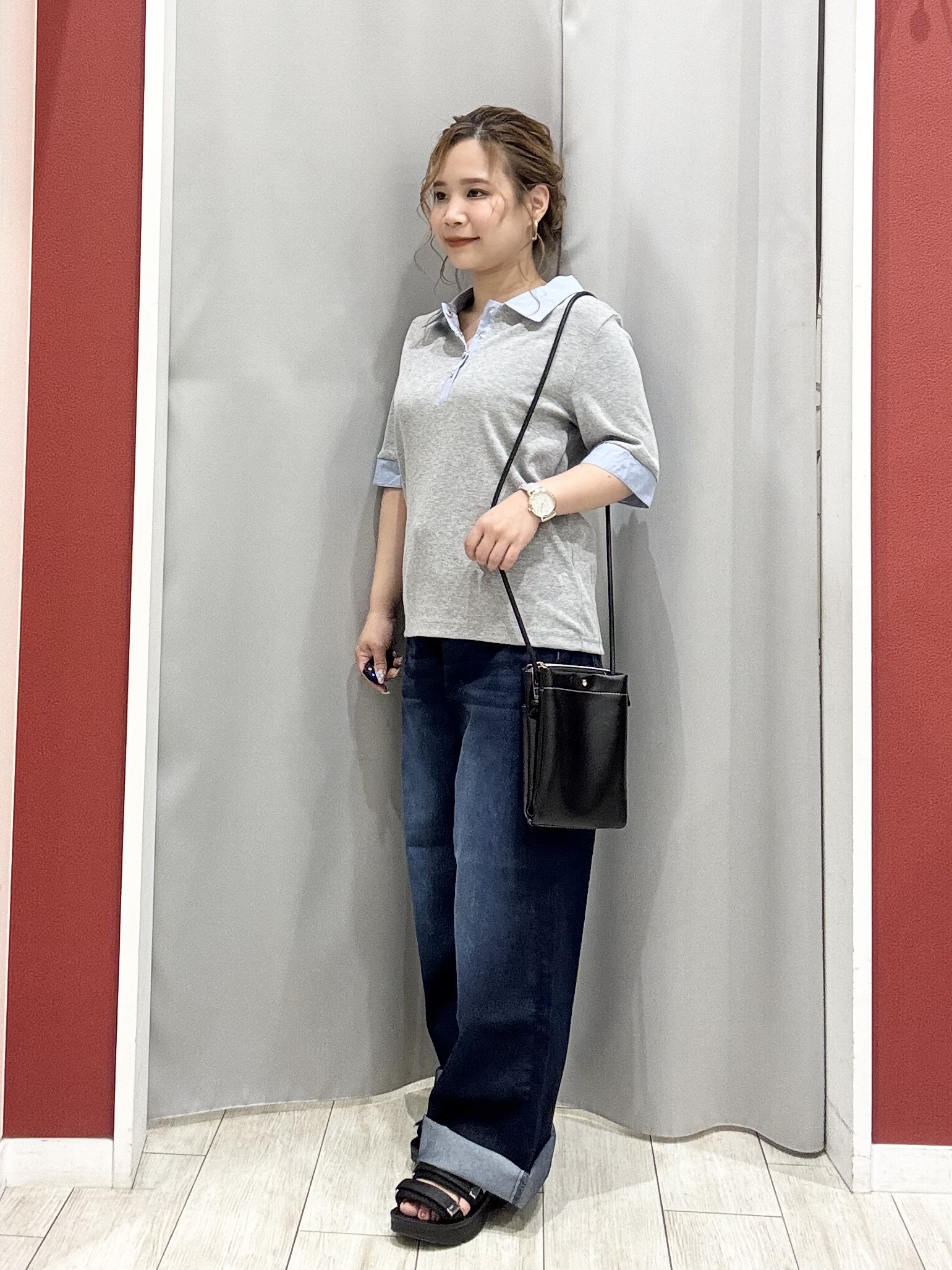shioさんの「SHOO･LA･RUE｜【洗濯機可/S-LL】シャツレイヤード風 テレコポロトップス」を使ったコーディネート