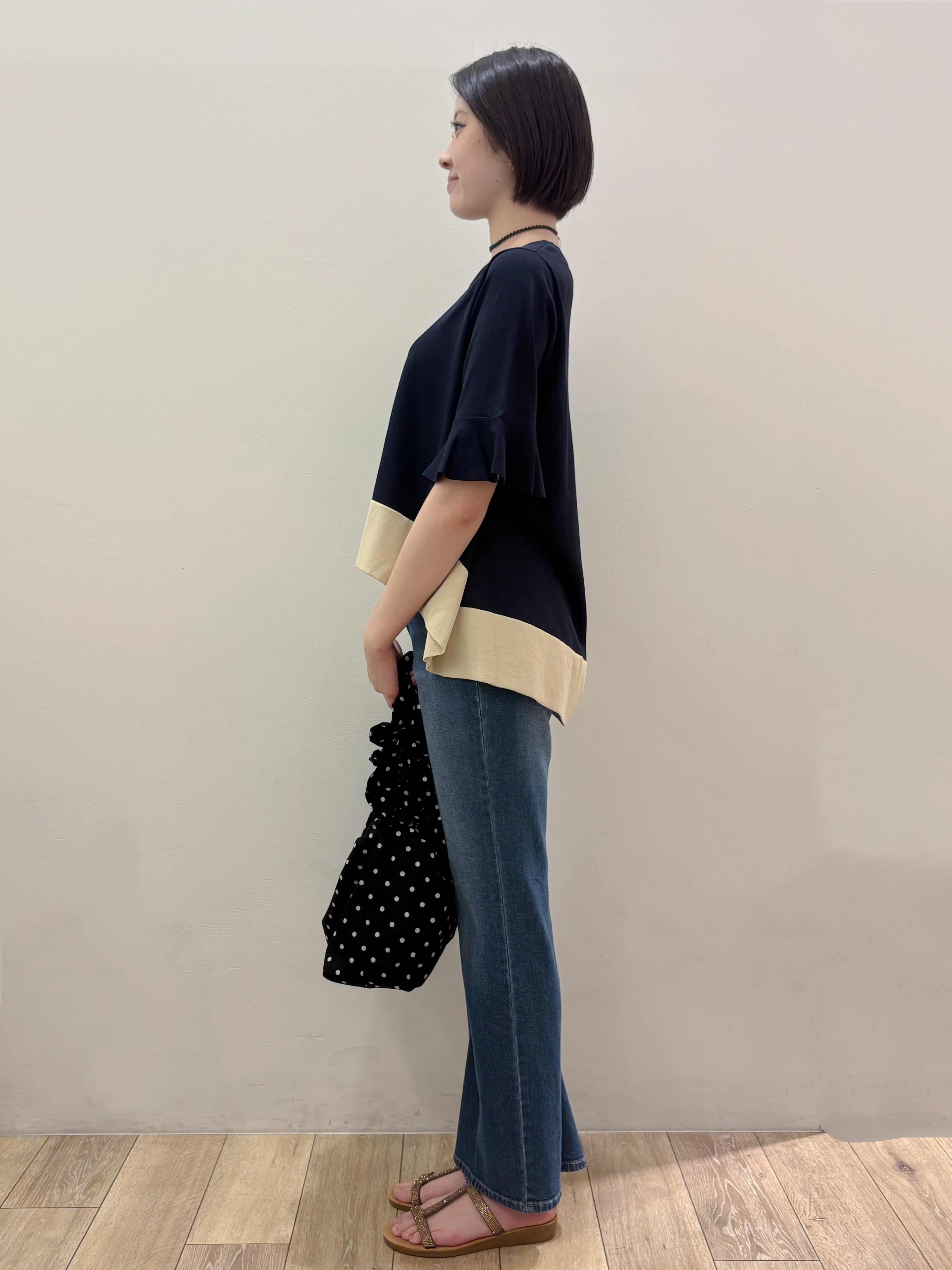 RINさんの「OPAQUE.CLIP｜【UV／遮熱性】配色フレアシルエットニット《洗濯機OK》」を使ったコーディネート
