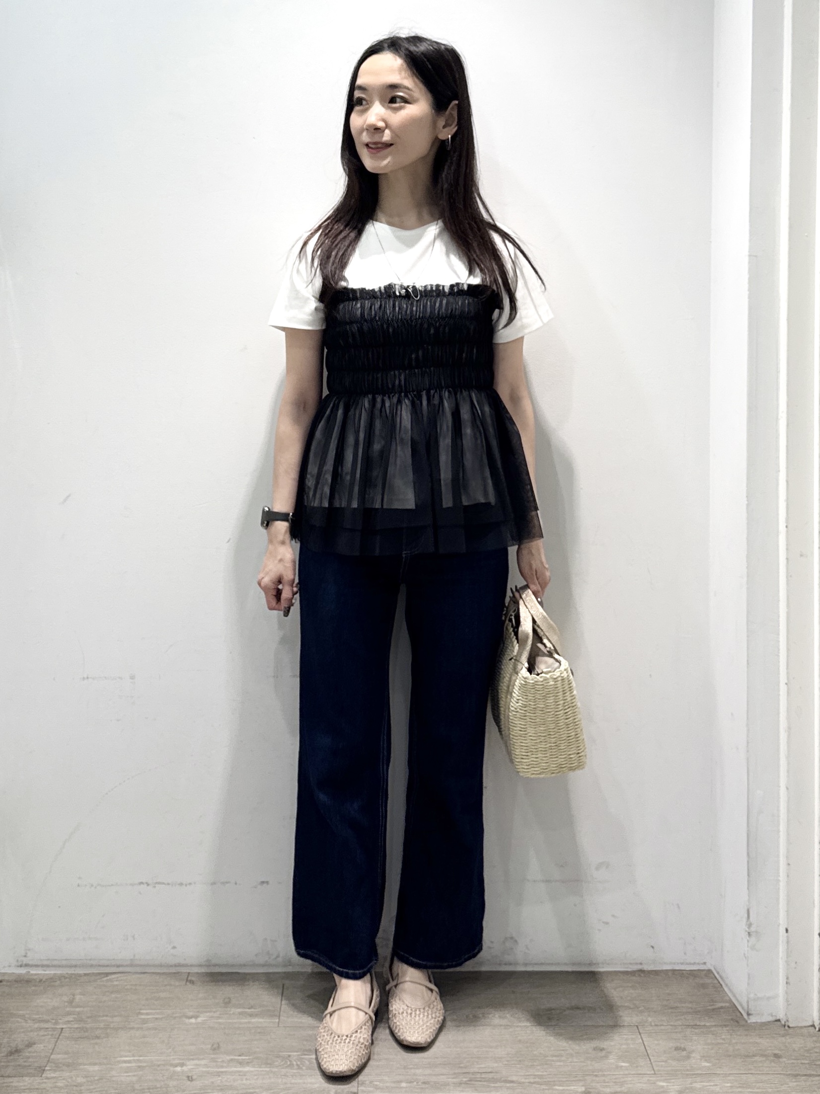 yuicciさんの「OPAQUE.CLIP｜チュールペプラムトップス【洗濯機OK／接触冷感／UVケア】」を使ったコーディネート