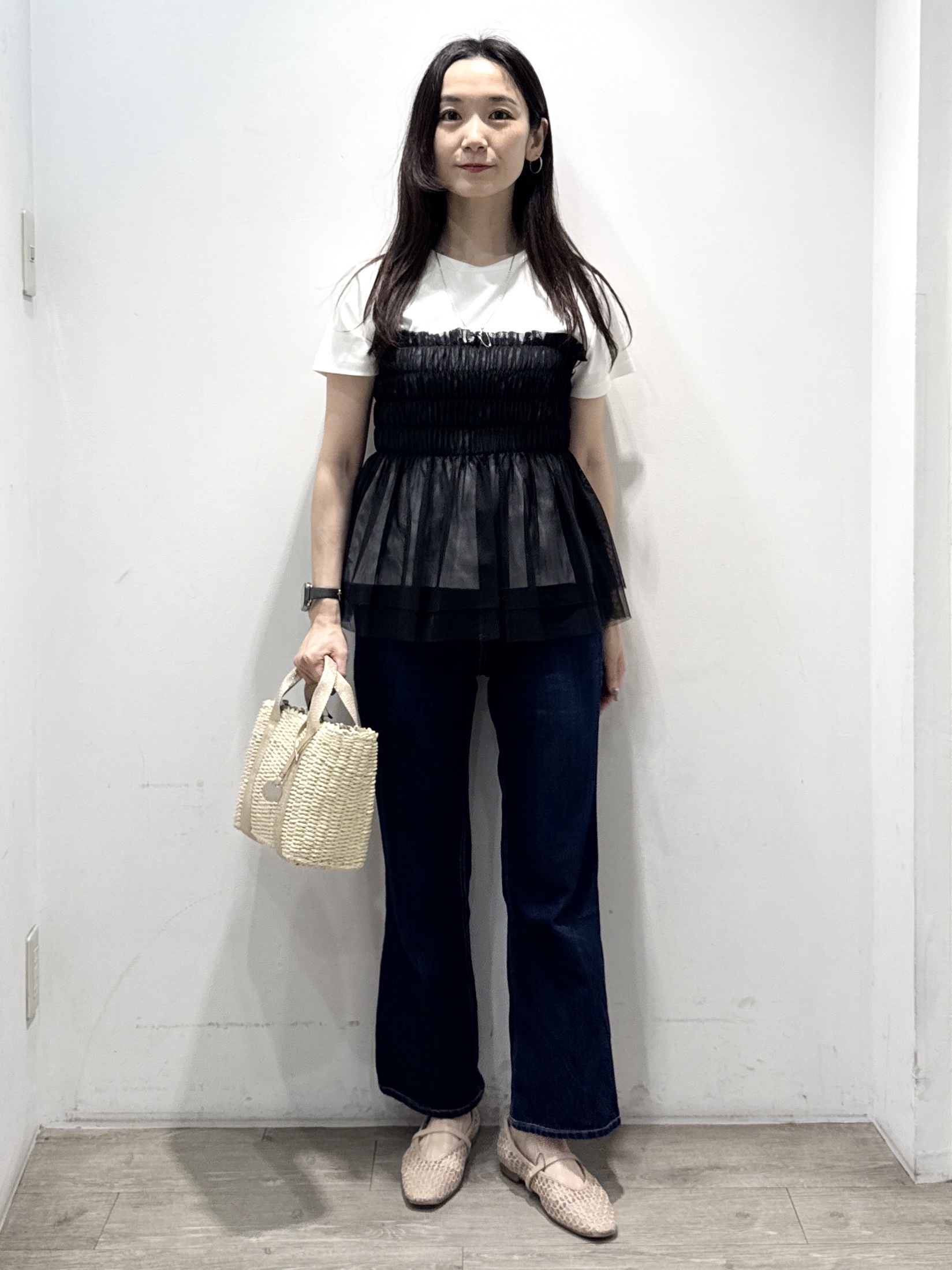 yuicciさんの「OPAQUE.CLIP｜チュールペプラムトップス【洗濯機OK／接触冷感／UVケア】」を使ったコーディネート
