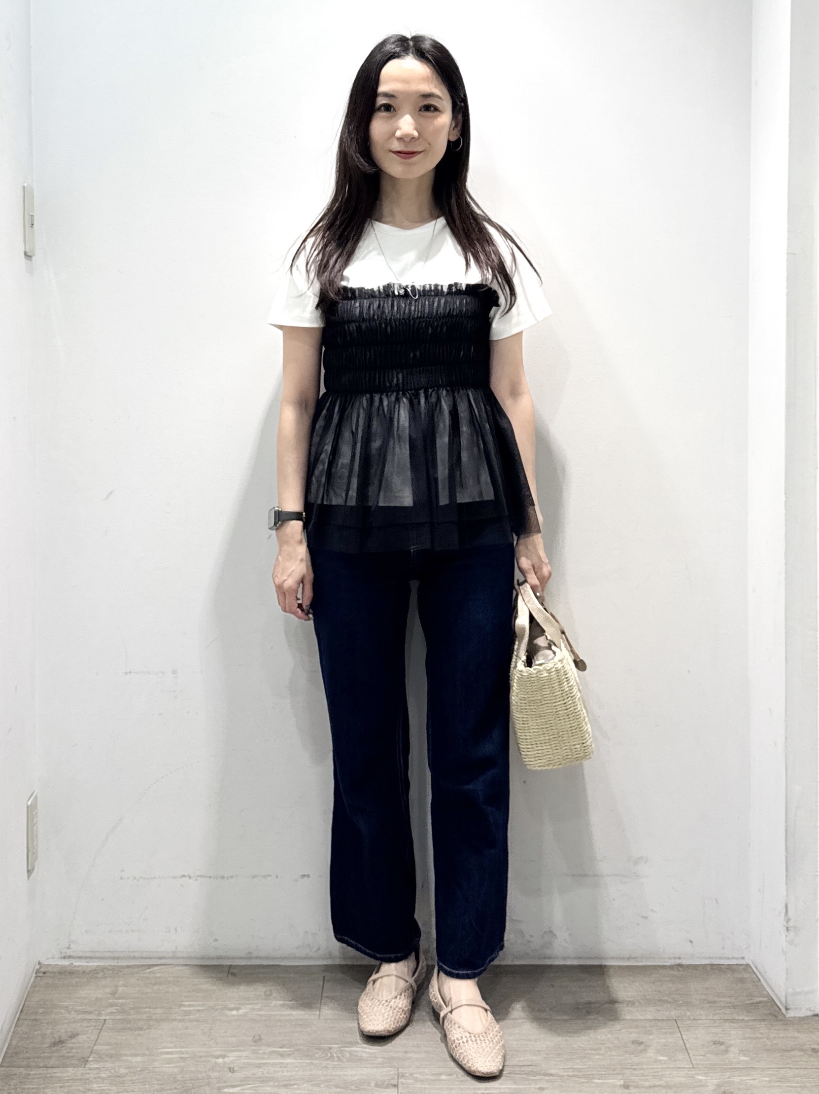 yuicciさんの「OPAQUE.CLIP｜チュールペプラムトップス【洗濯機OK／接触冷感／UVケア】」を使ったコーディネート