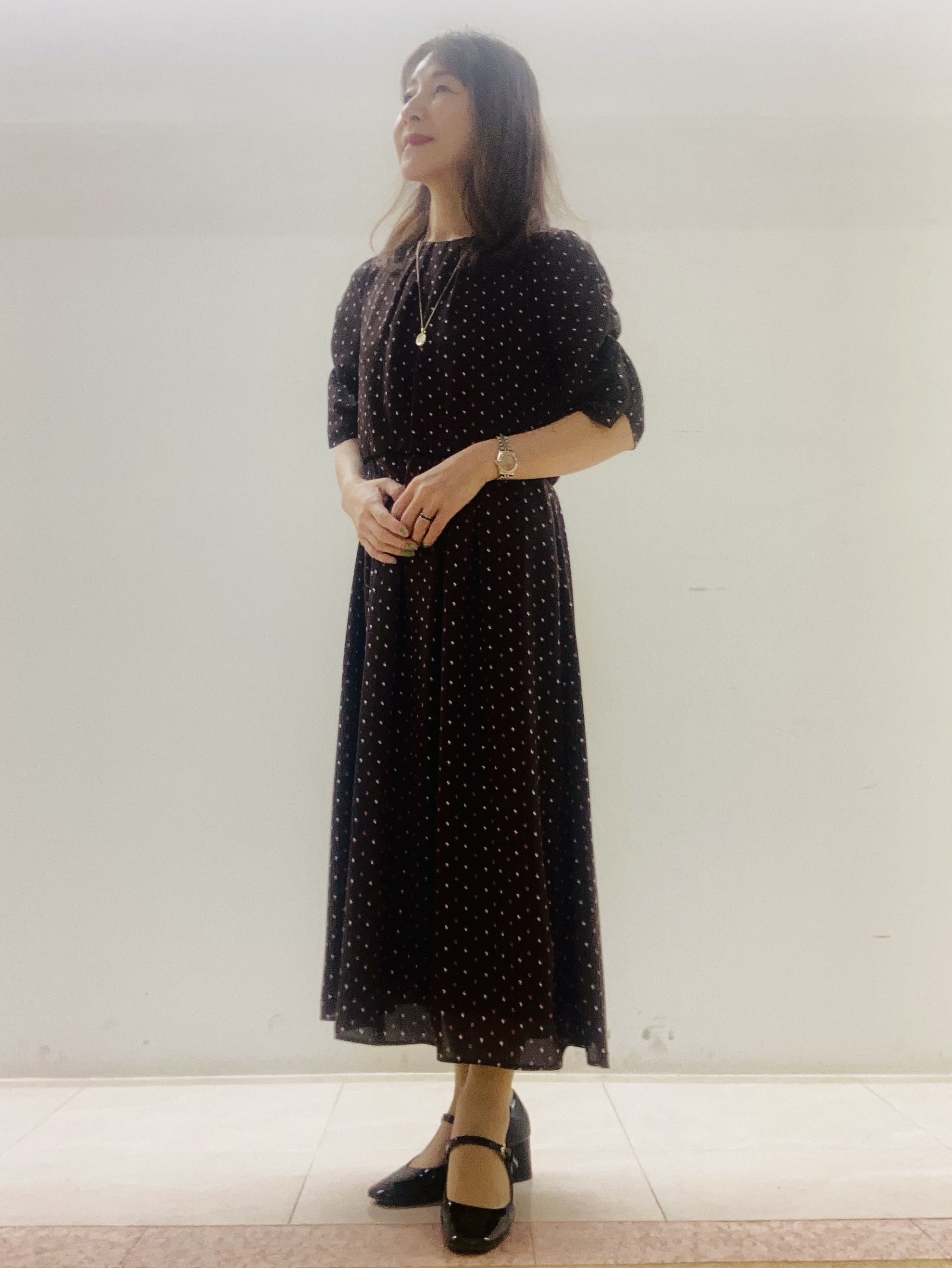 kurodaさんの「Reflect｜小紋柄ジョーゼットワンピース」を使ったコーディネート