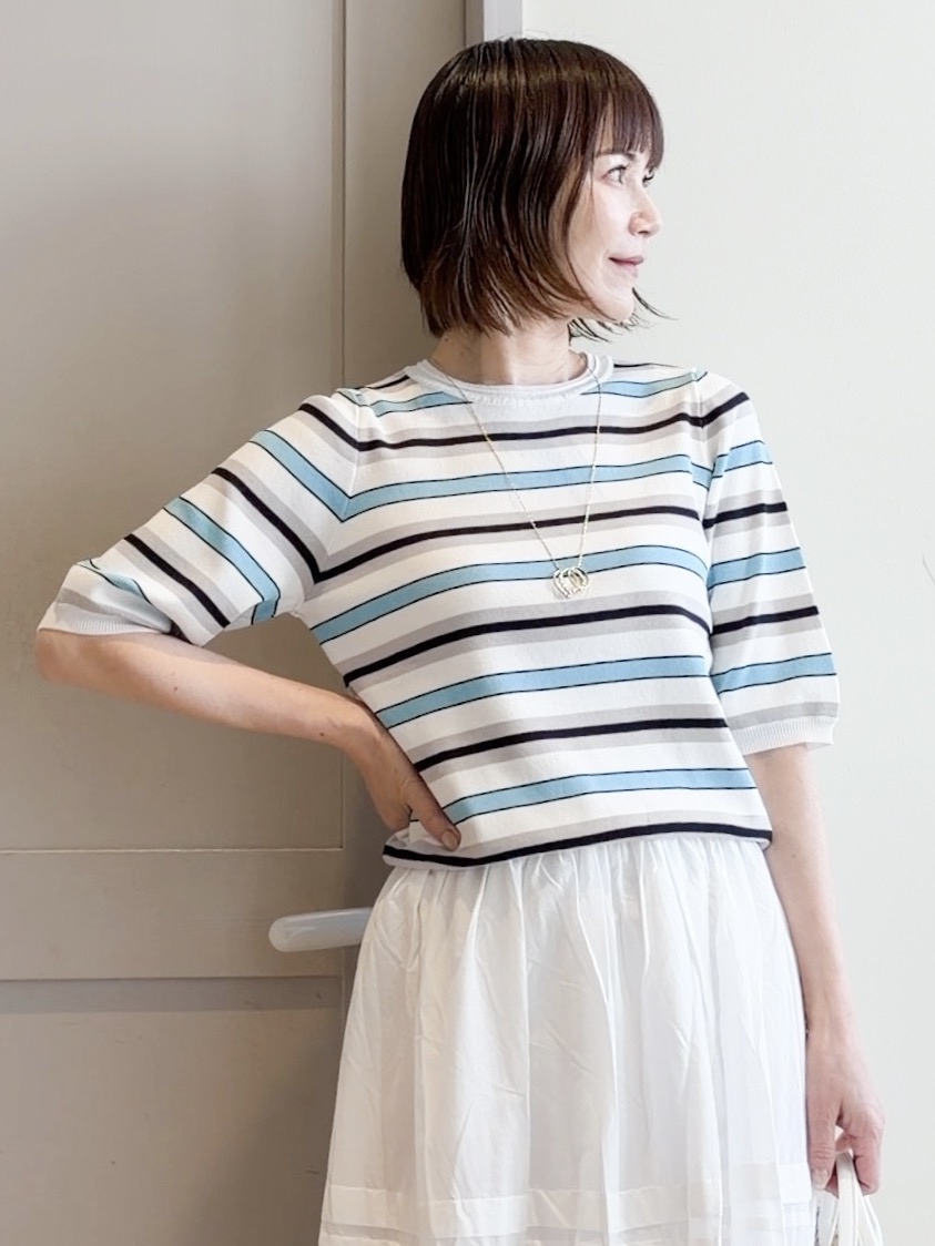 yamakoさんの「grove｜【シリーズ累計36万枚/UVカット・ひんやり・洗濯機OK】やわらかドライタッチ 五分袖クルーネックニ」を使ったコーディネート