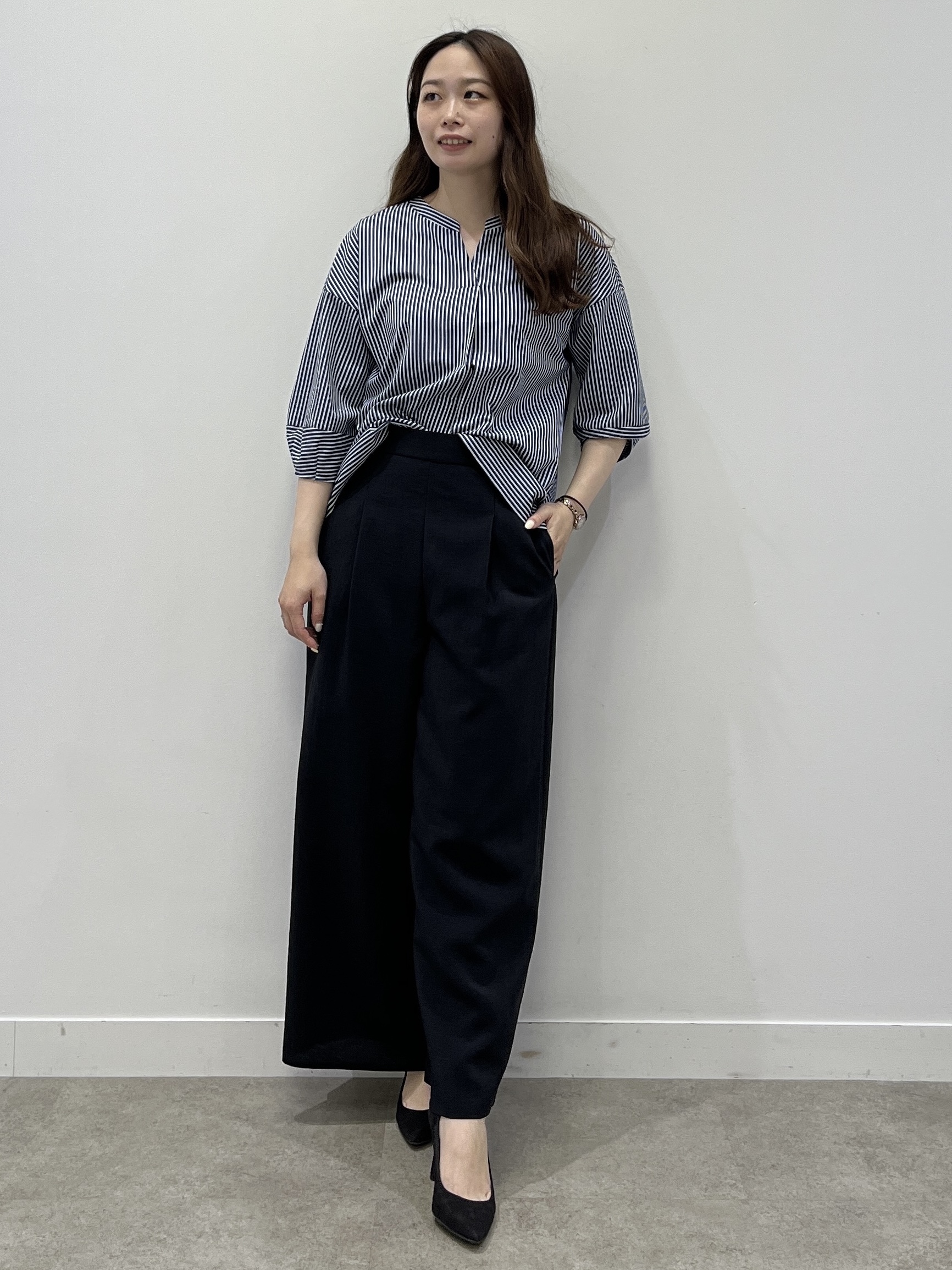 Saekoさんの「COUP DE CHANCE｜【手洗い可／日本製】ストライプ柄ジャージートップス」を使ったコーディネート