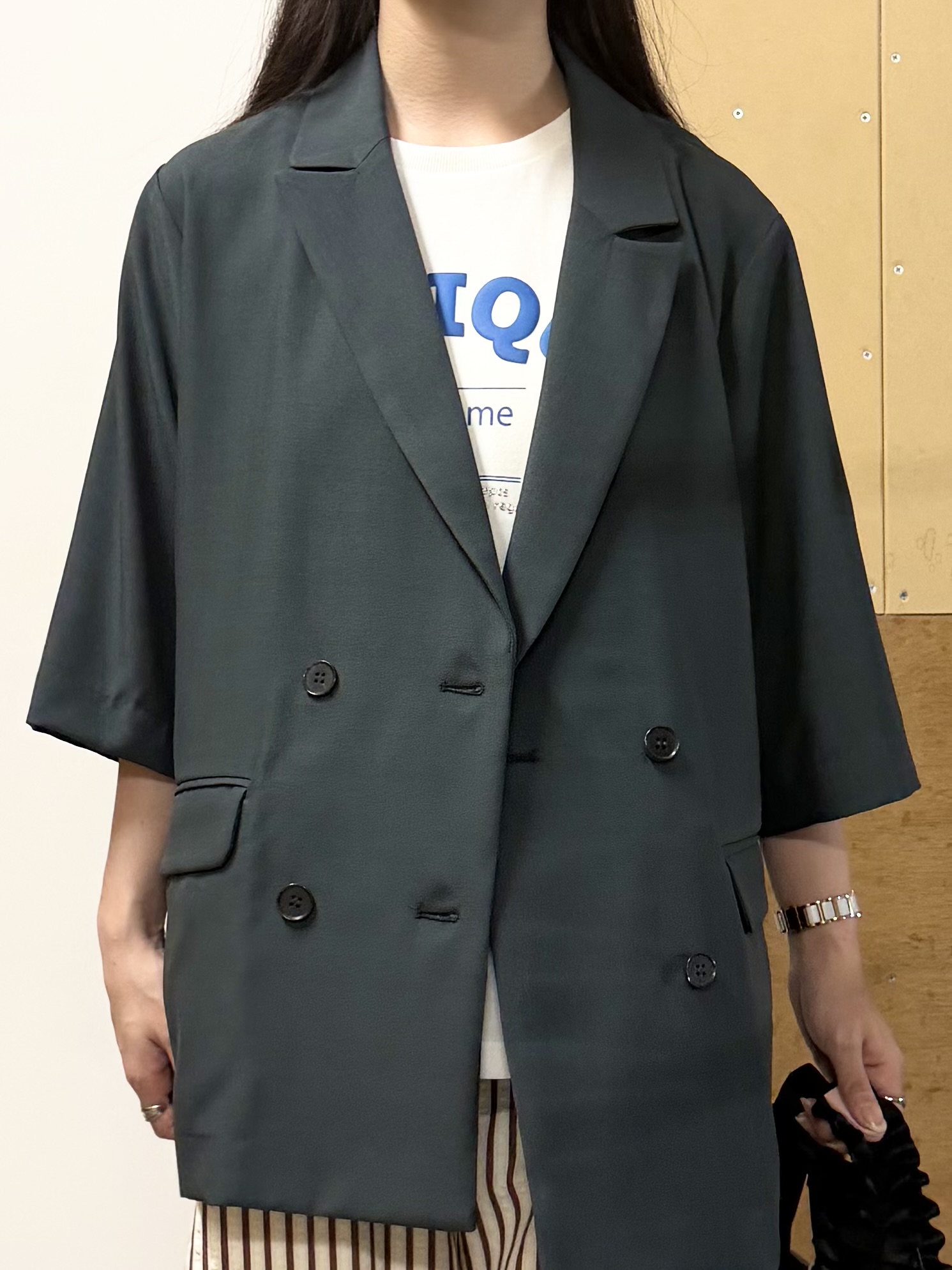sahoさんの「THE SHOP TK｜【セットアップ可】麻調ダブルブレスト 6分袖ジャケット」を使ったコーディネート