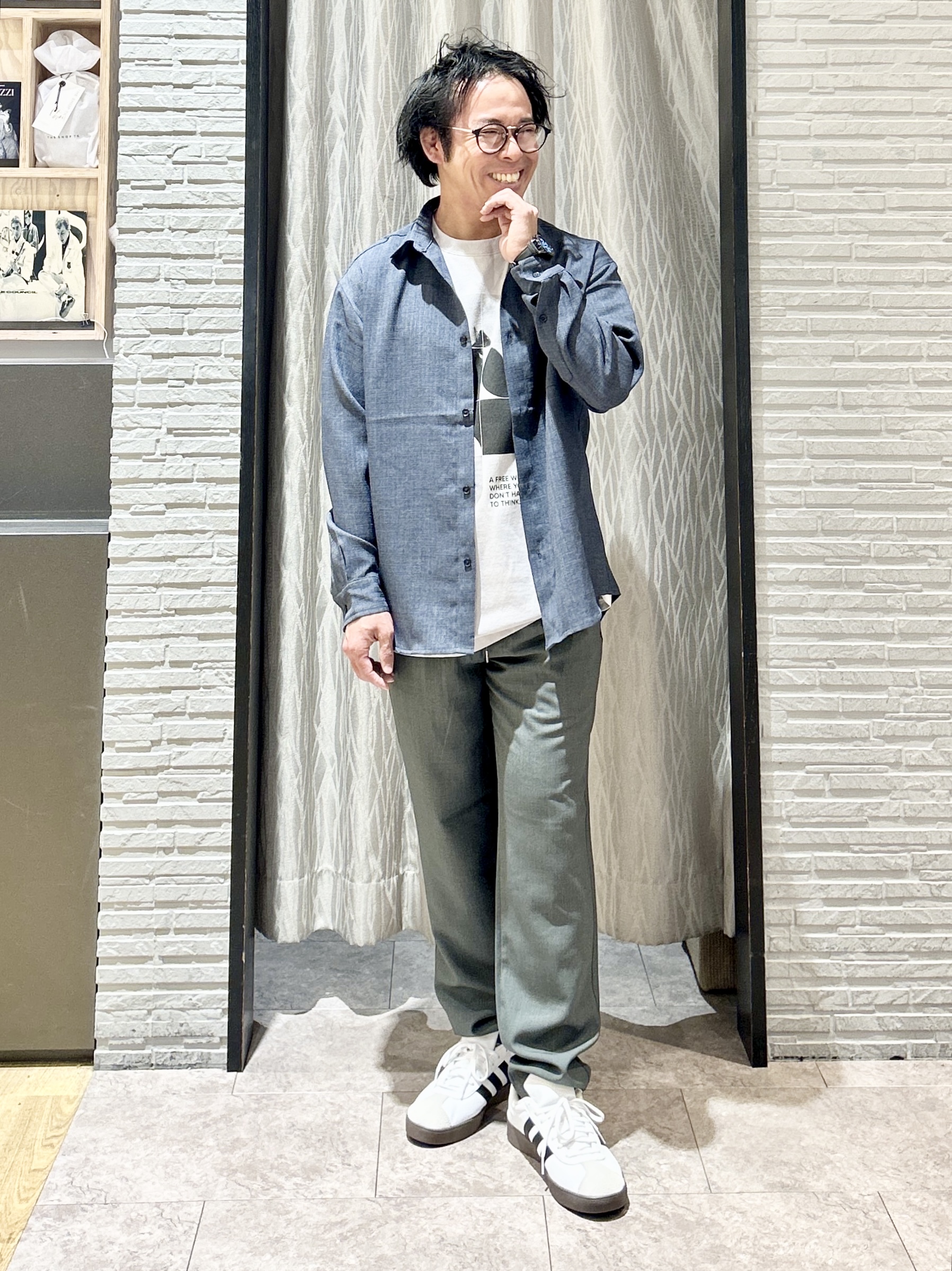 KENJI Iさんの「THE SHOP TK｜【LINO FINE】リネンライク 長袖シャツ UVカット/イージーケア/吸水速乾/洗濯機OK」を使ったコーディネート