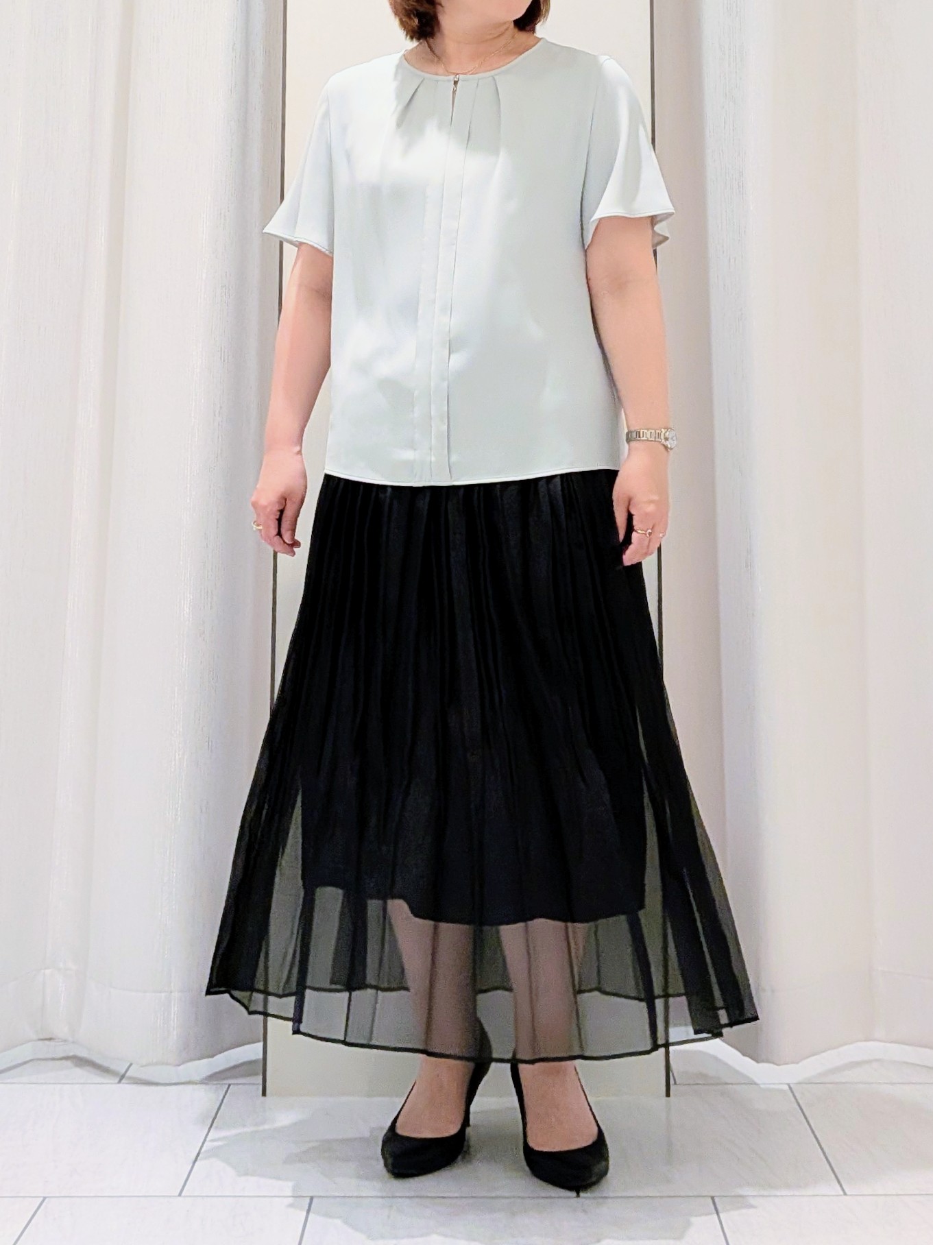 Onumaさんの「UNTITLED｜【ウエストゴム/洗える】エアリーシアープリーツスカート」を使ったコーディネート