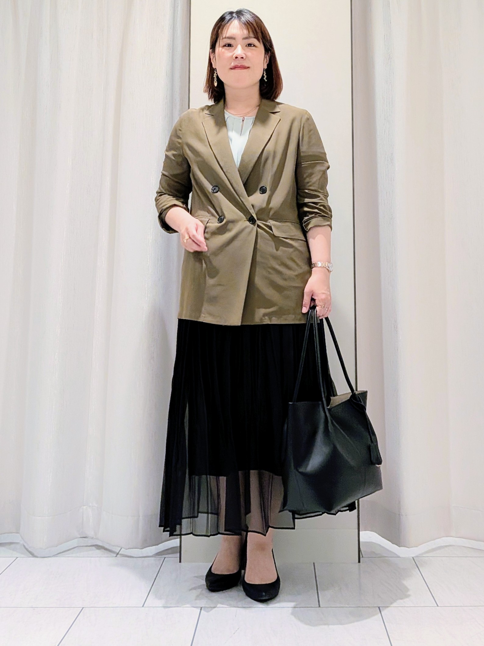 Onumaさんの「UNTITLED｜【ウエストゴム/洗える】エアリーシアープリーツスカート」を使ったコーディネート