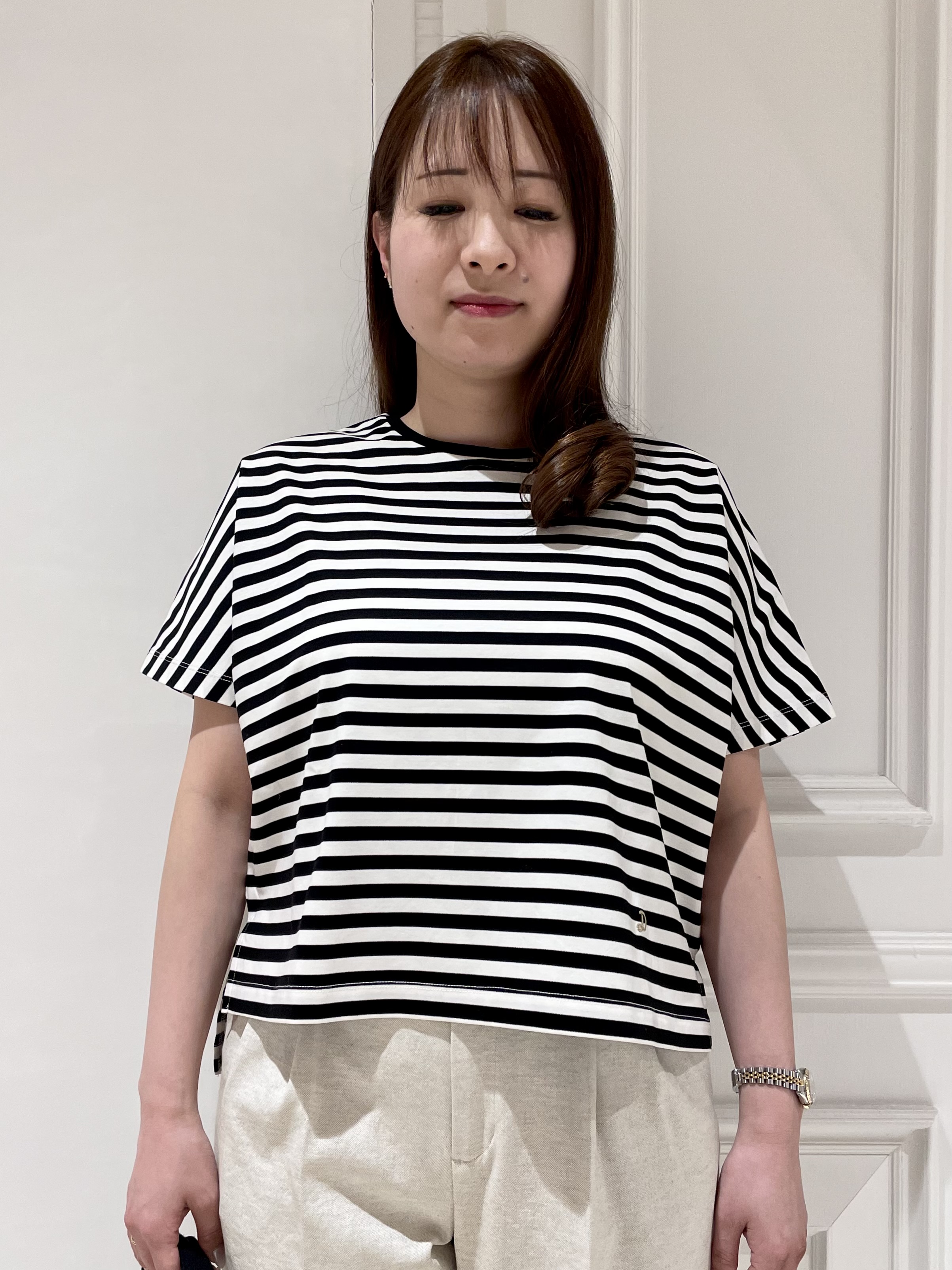 minowaさんの「DRESSTERIOR｜【接触冷感／抗菌防臭／消臭】アイスクリアコットンドルマンスリーブボーダーTシャツ」を使ったコーディネート