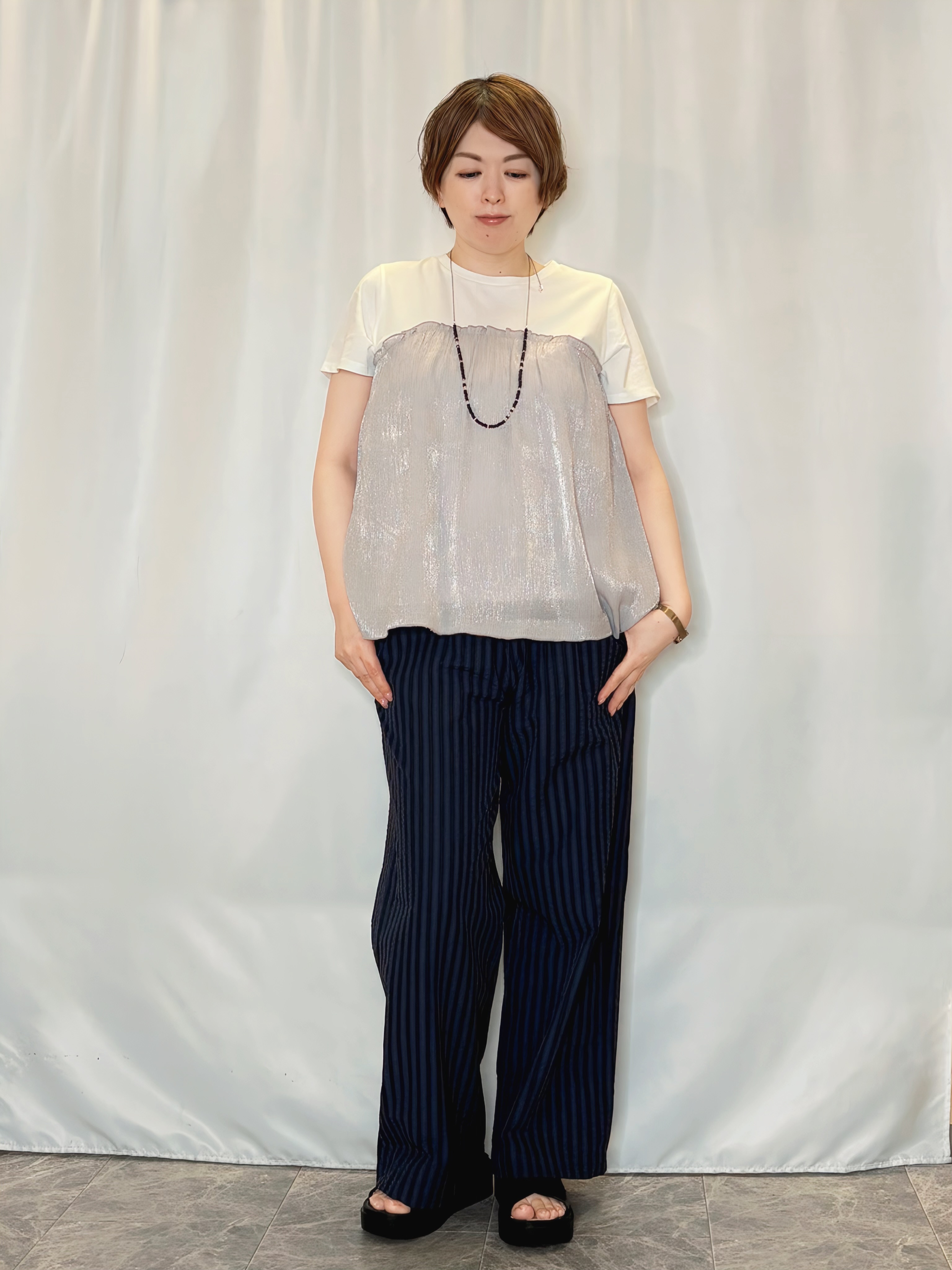 たみさんの「SHOO･LA･RUE｜【ひんやり/吸水速乾/セットアップ可】羽織るだけで主役になる サッカーストライプシャツジャケット」を使ったコーディネート