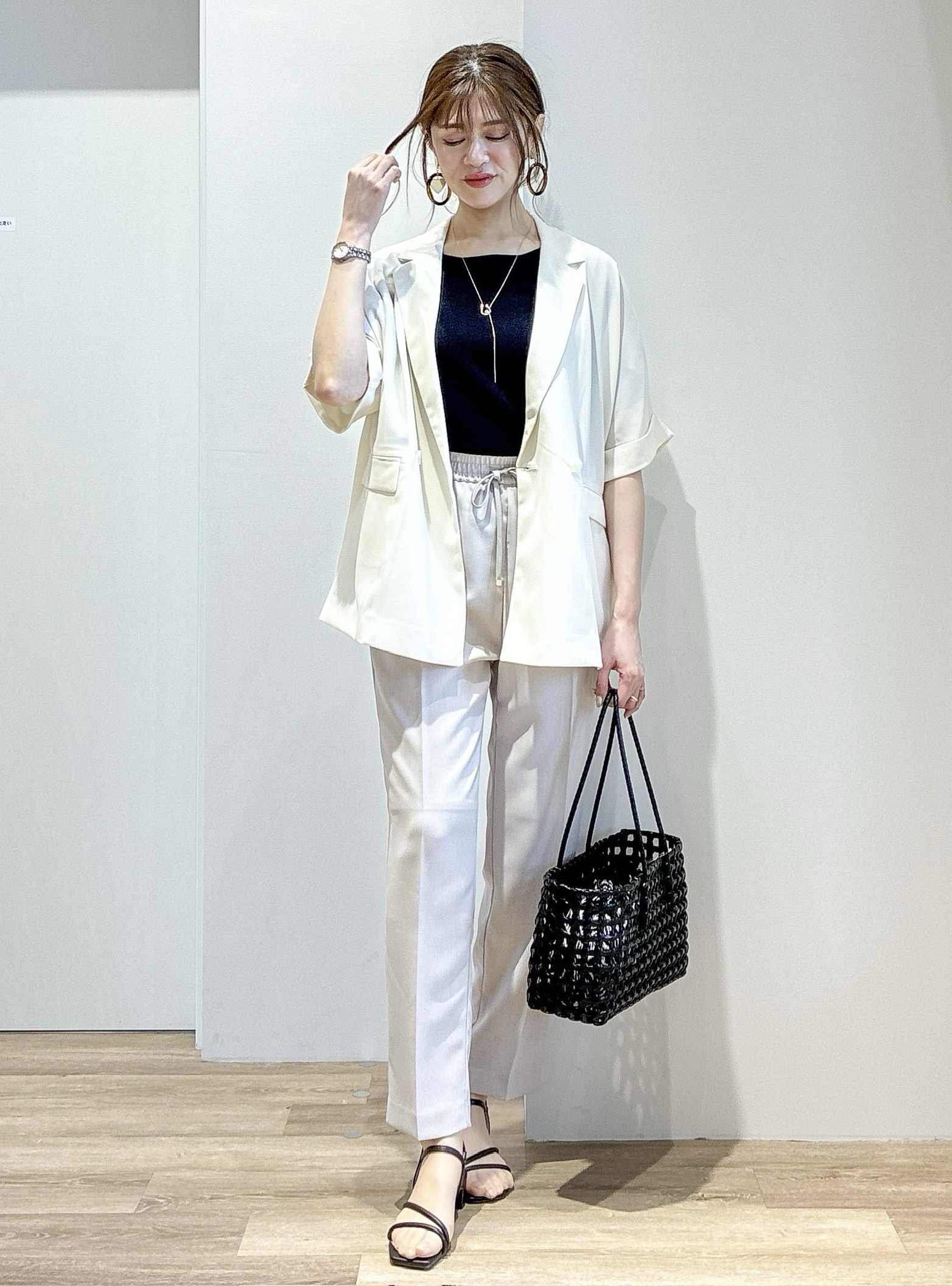 もんちゃんさんの「OPAQUE.CLIP｜【接触冷感／吸水速乾／防シワ】リネンライクテーラードジャケット《洗濯機OK》」を使ったコーディネート