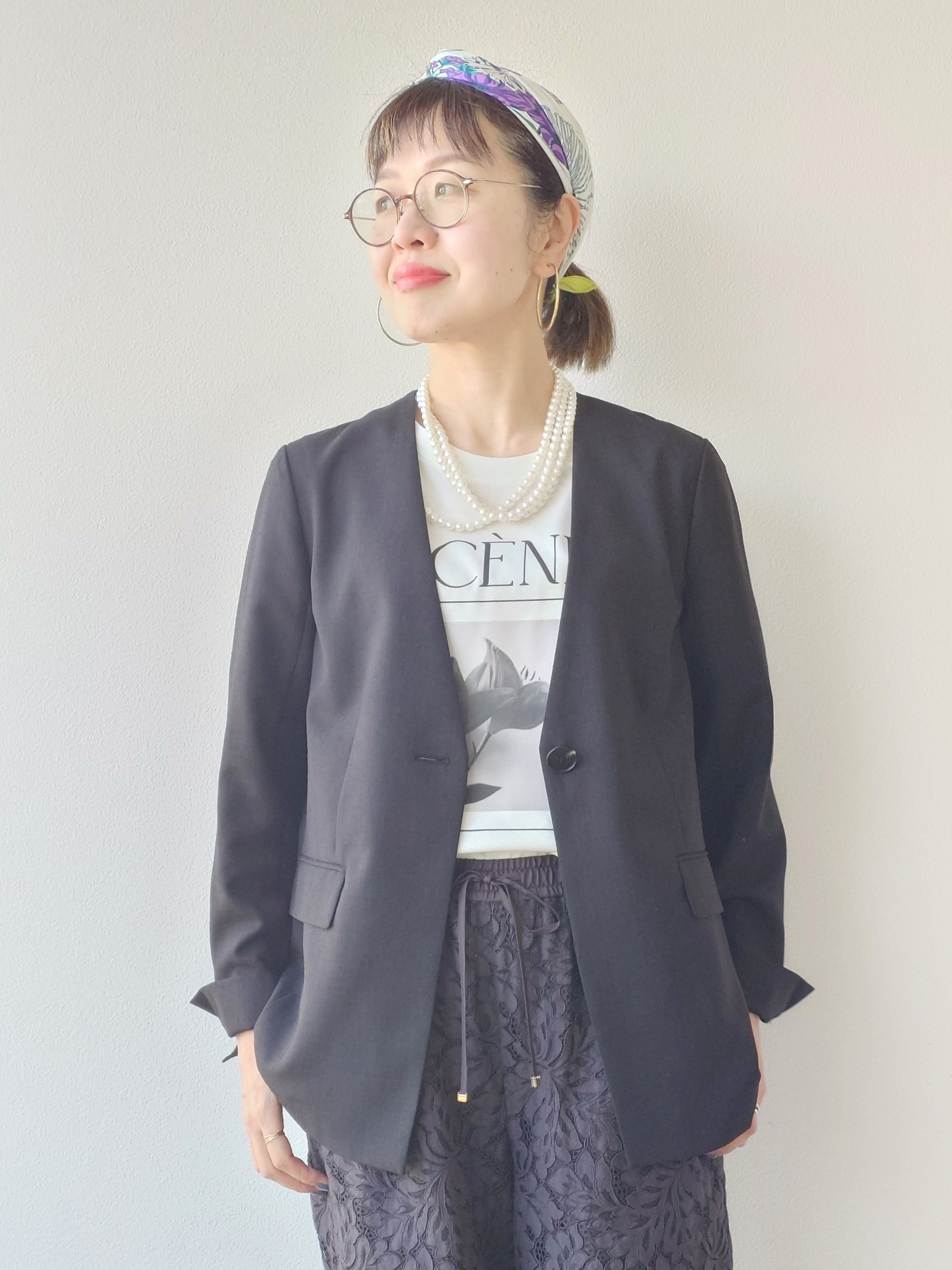 MUTSUKOさんの「UNTITLED｜【さらりと快適/セットアップ可/UV/接触冷感】スラブカラーレスジャケット」を使ったコーディネート