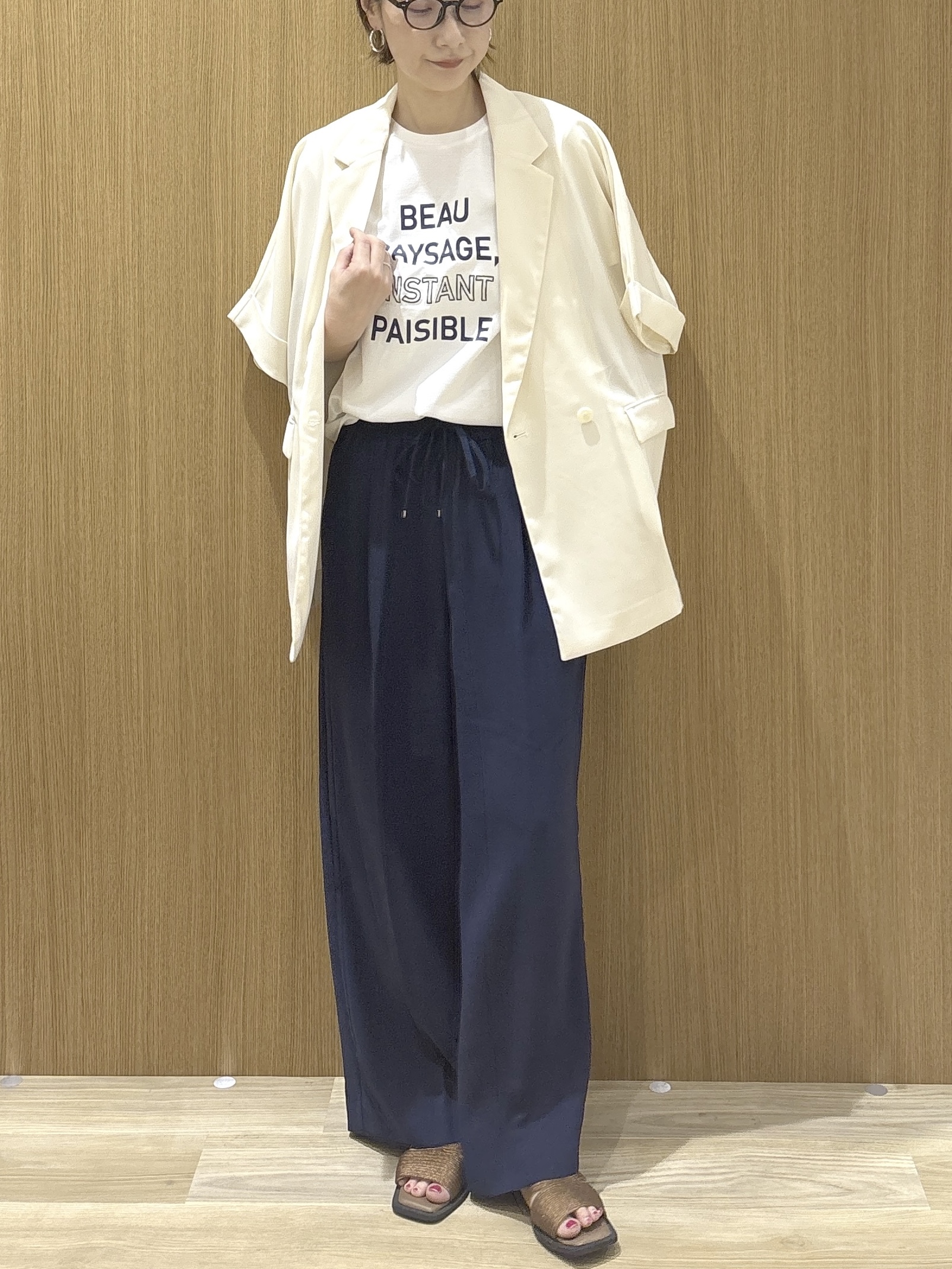 たけねぇさんの「OPAQUE.CLIP｜【接触冷感／吸水速乾／防シワ】リネンライクテーラードジャケット《洗濯機OK》」を使ったコーディネート