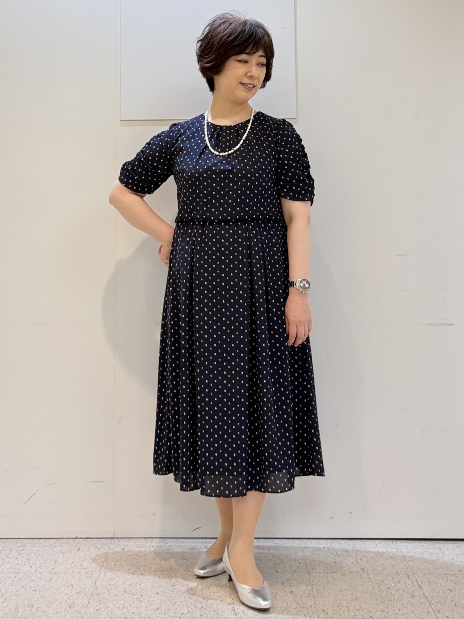 ヤスコさんの「Reflect｜小紋柄ジョーゼットワンピース」を使ったコーディネート