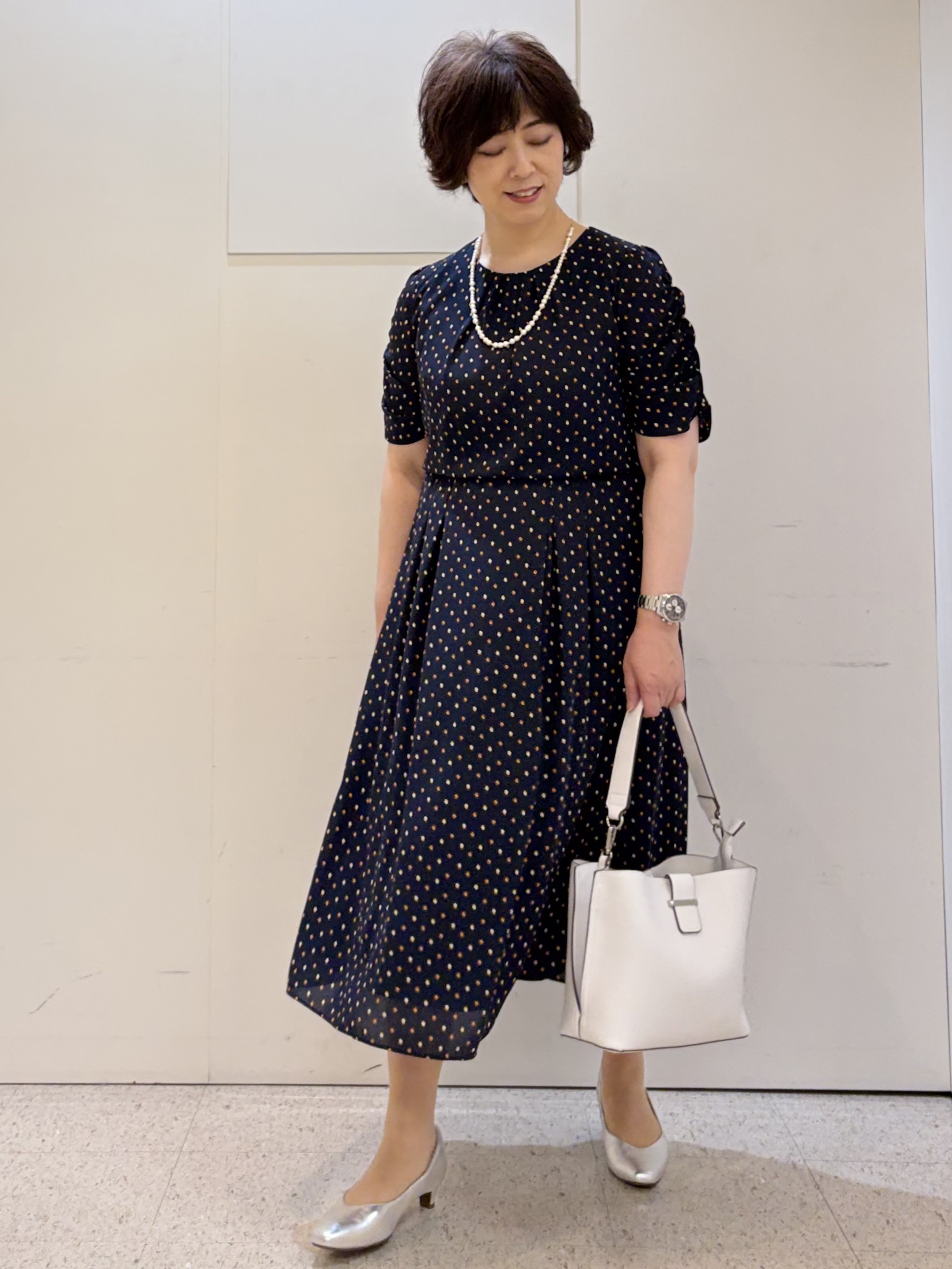 ヤスコさんの「Reflect｜小紋柄ジョーゼットワンピース」を使ったコーディネート