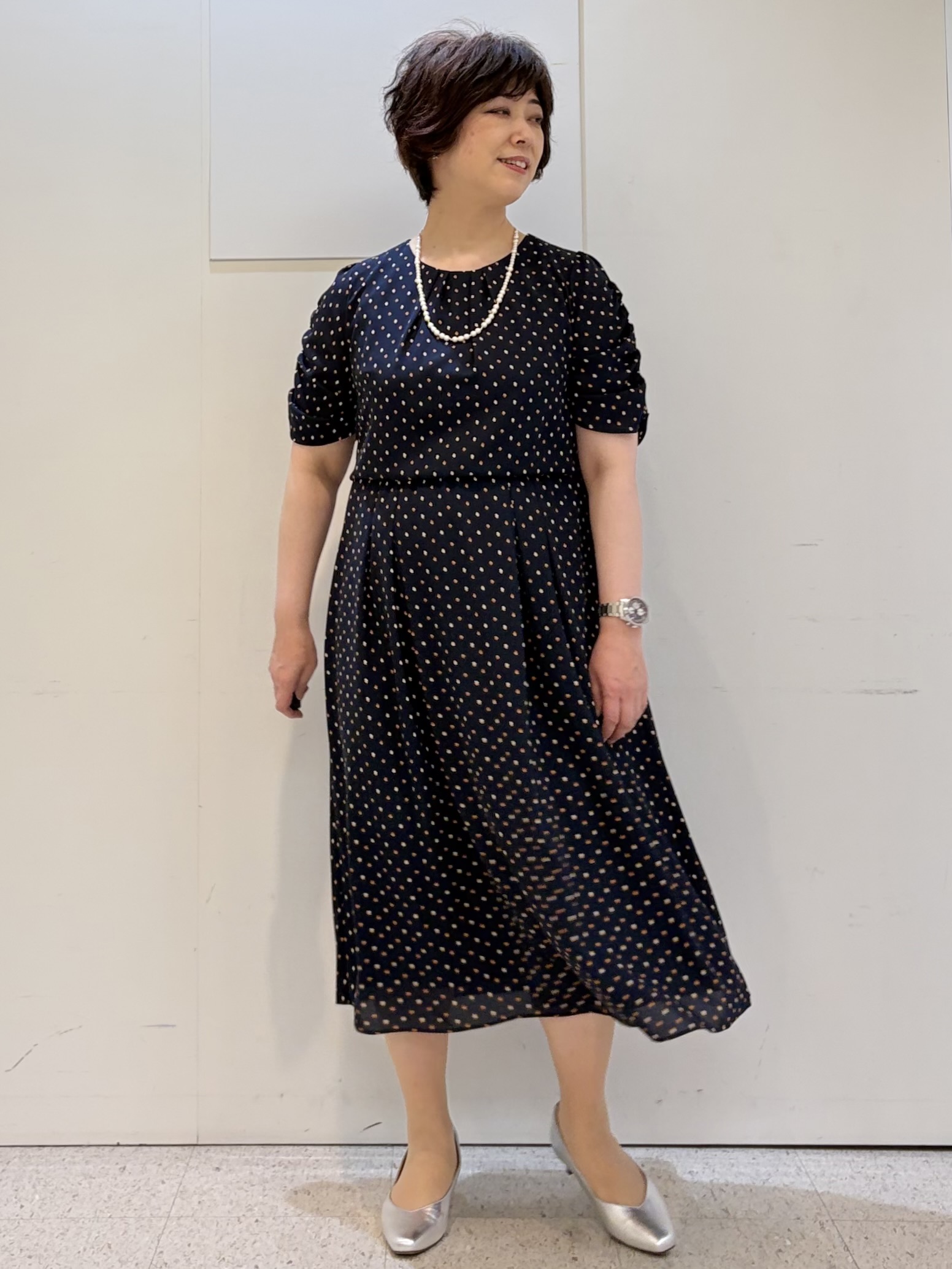 ヤスコさんの「Reflect｜小紋柄ジョーゼットワンピース」を使ったコーディネート