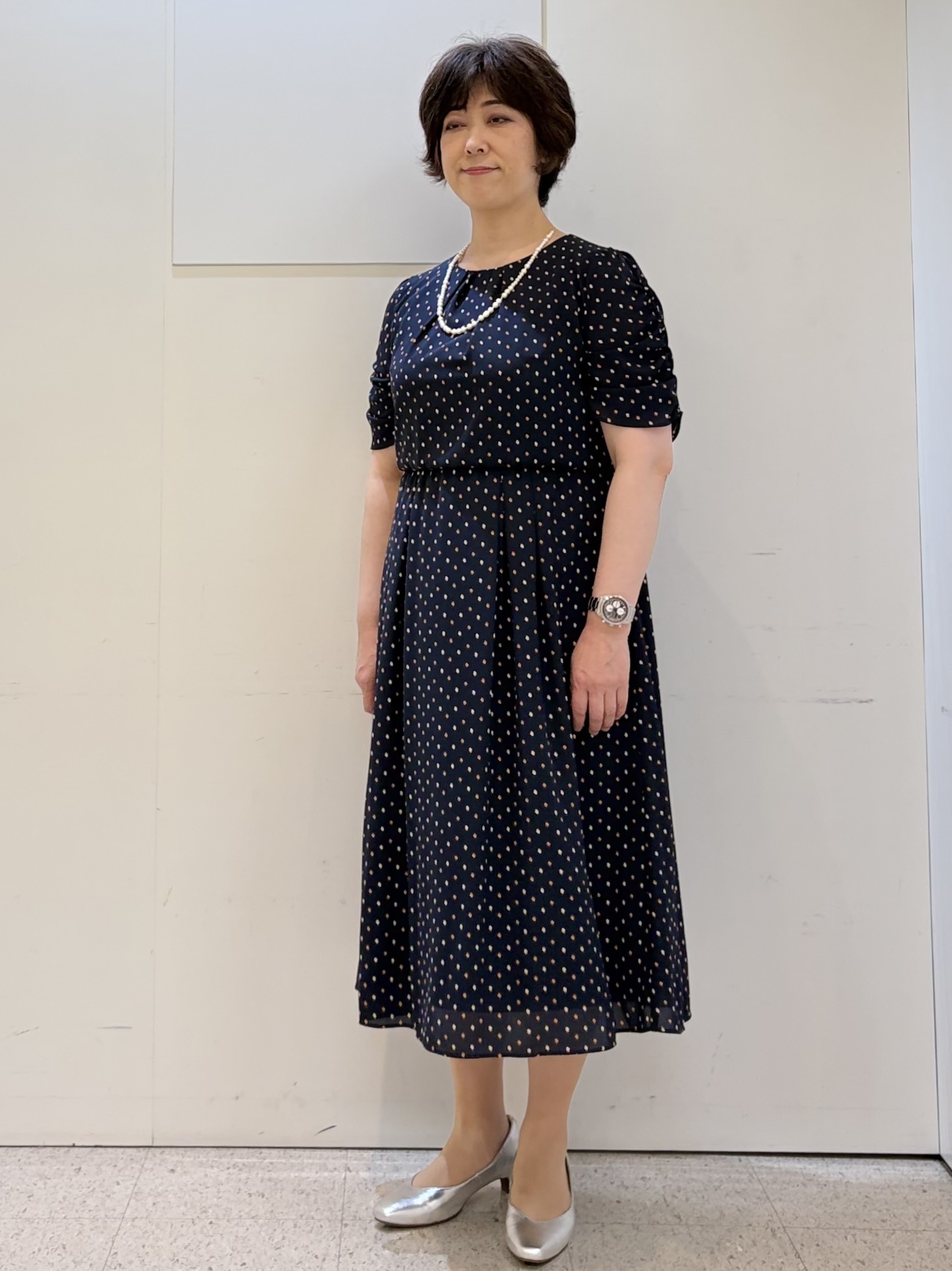 ヤスコさんの「Reflect｜小紋柄ジョーゼットワンピース」を使ったコーディネート