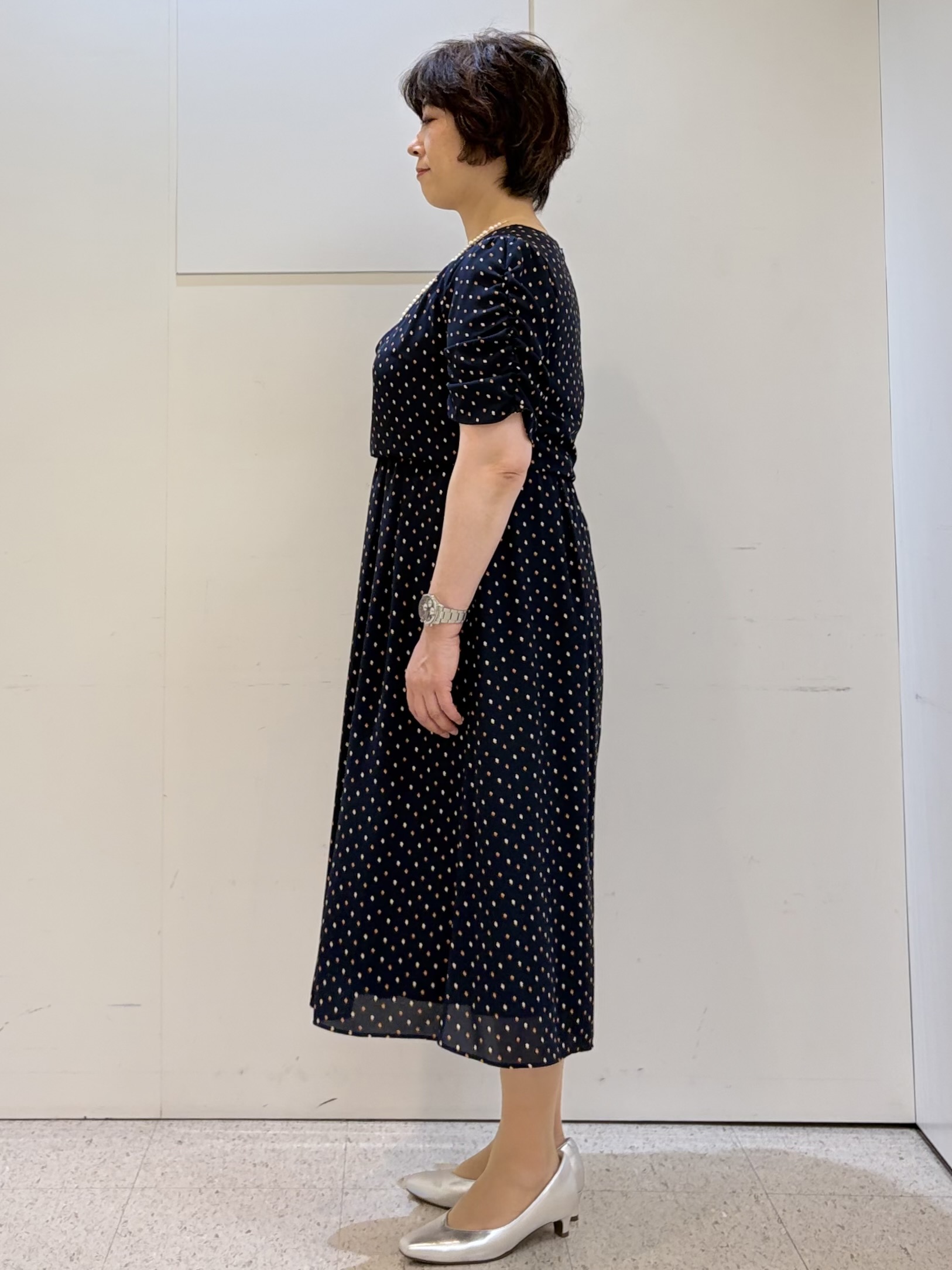 ヤスコさんの「Reflect｜小紋柄ジョーゼットワンピース」を使ったコーディネート