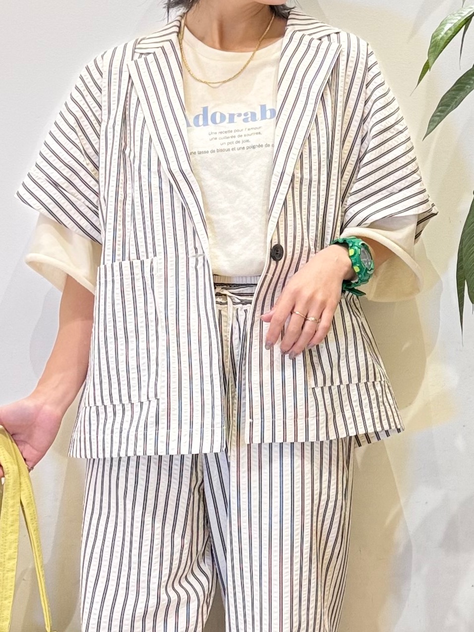 misakiさんの「SHOO･LA･RUE｜【ひんやり/吸水速乾/セットアップ可】羽織るだけで主役になる サッカーストライプシャツジャケット」を使ったコーディネート