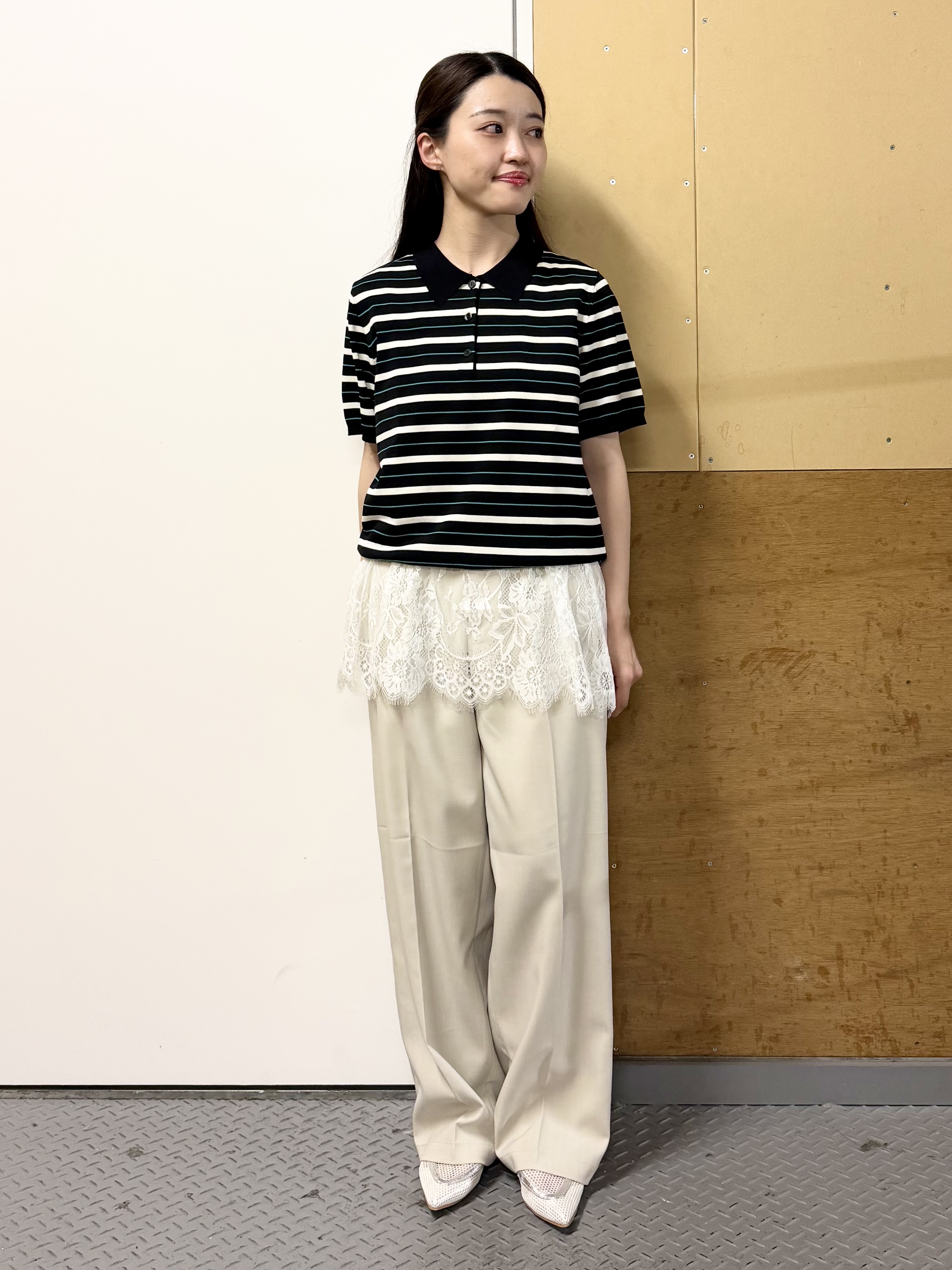 sahoさんの「THE SHOP TK｜【ひんやり/アンチピリング/UV】1枚で主役になる ボーダーポロニット」を使ったコーディネート