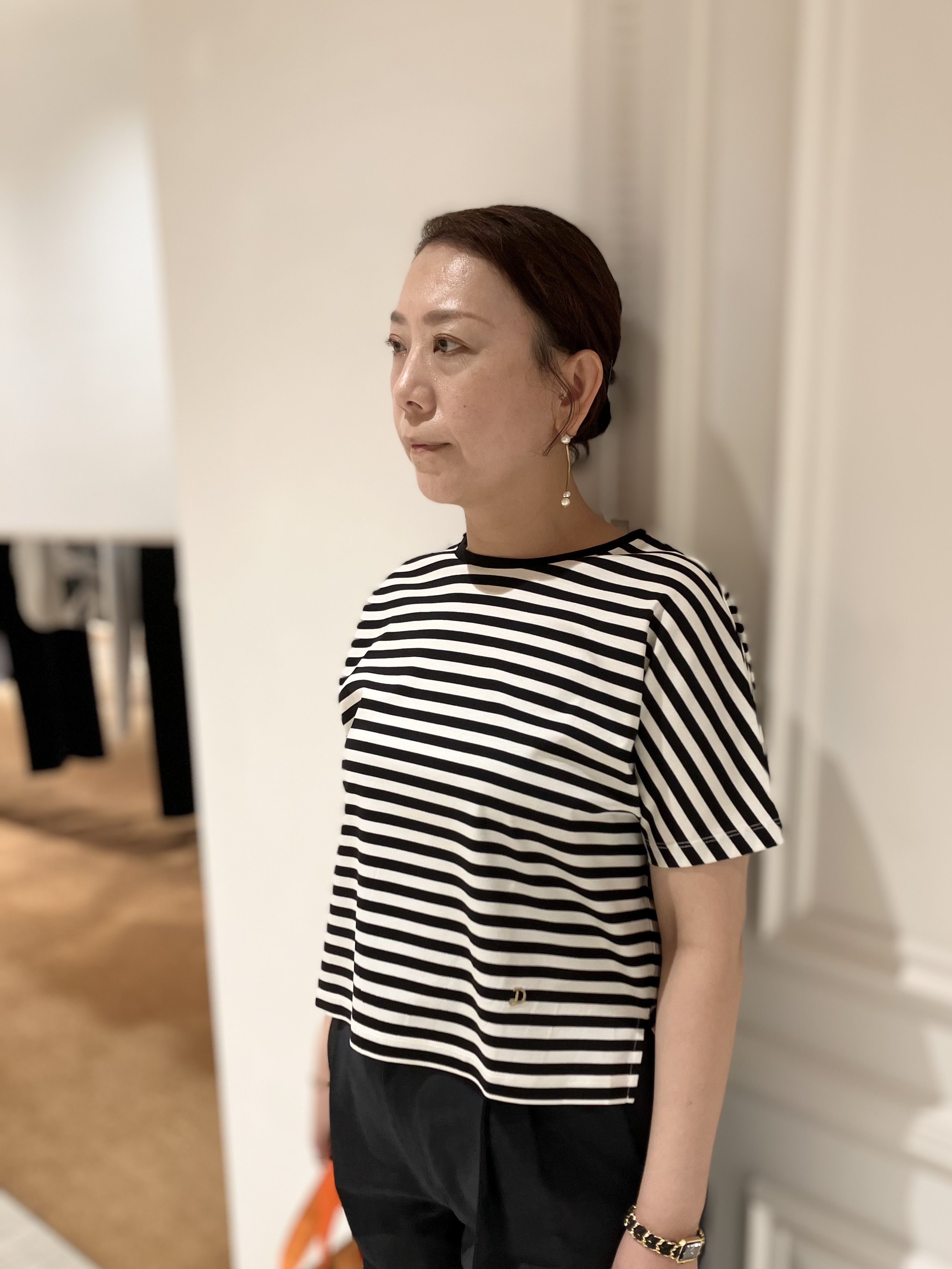 TAJIさんの「DRESSTERIOR｜【接触冷感／抗菌防臭／消臭】アイスクリアコットンドルマンスリーブボーダーTシャツ」を使ったコーディネート
