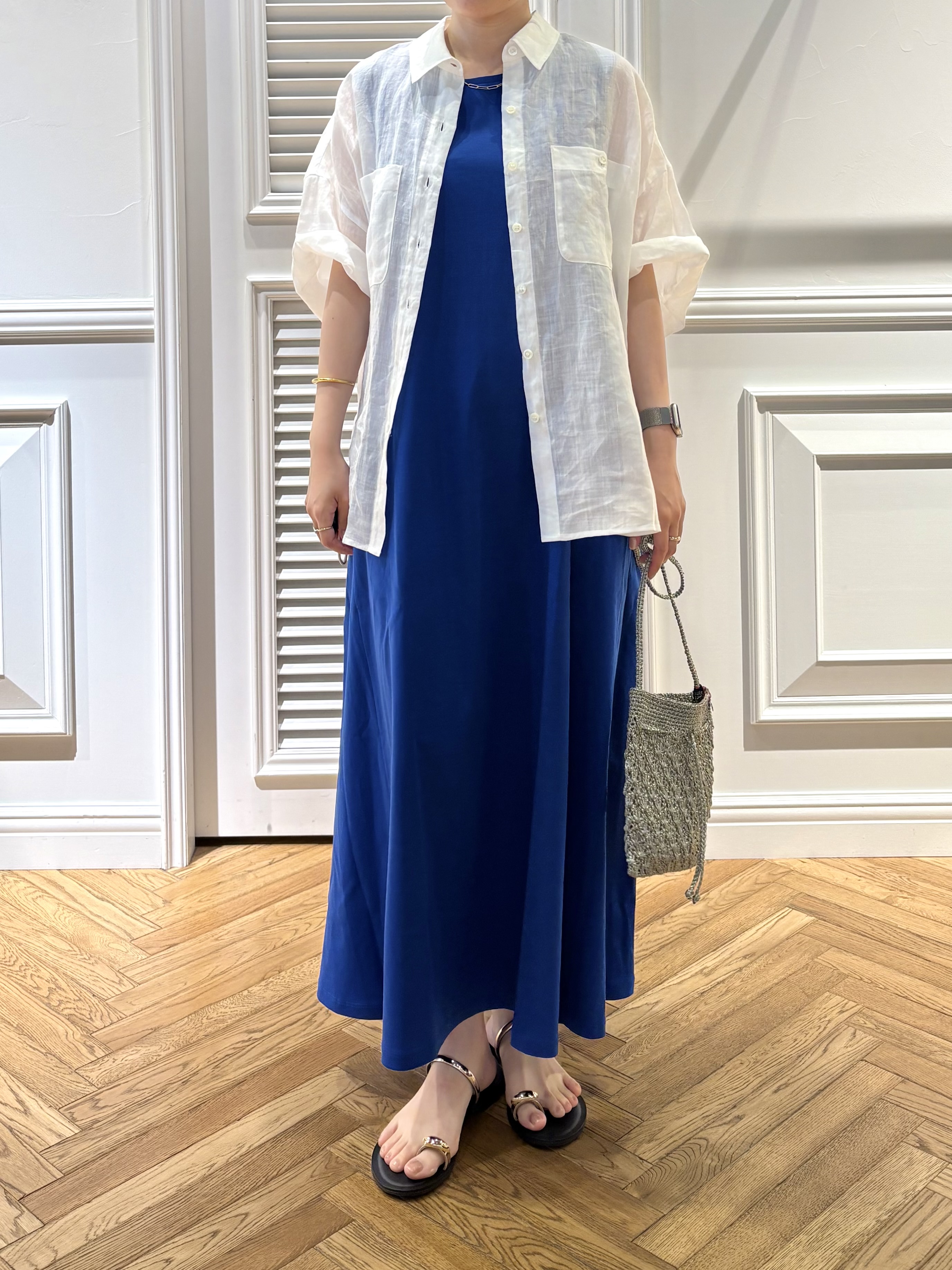 cocoさんの「DRESSTERIOR｜【接触冷感／抗菌防臭／消臭/ウォッシャブル】アイスクリアコットン フレンチスリーブワンピース」を使ったコーディネート