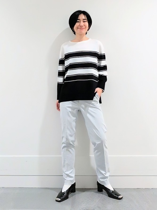 ミズタさんの「UNTITLED｜【洗える/ゆったり】ボーダーボートネックニット」を使ったコーディネート