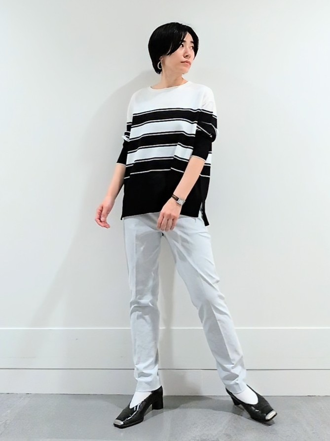 ミズタさんの「UNTITLED｜【洗える/ゆったり】ボーダーボートネックニット」を使ったコーディネート