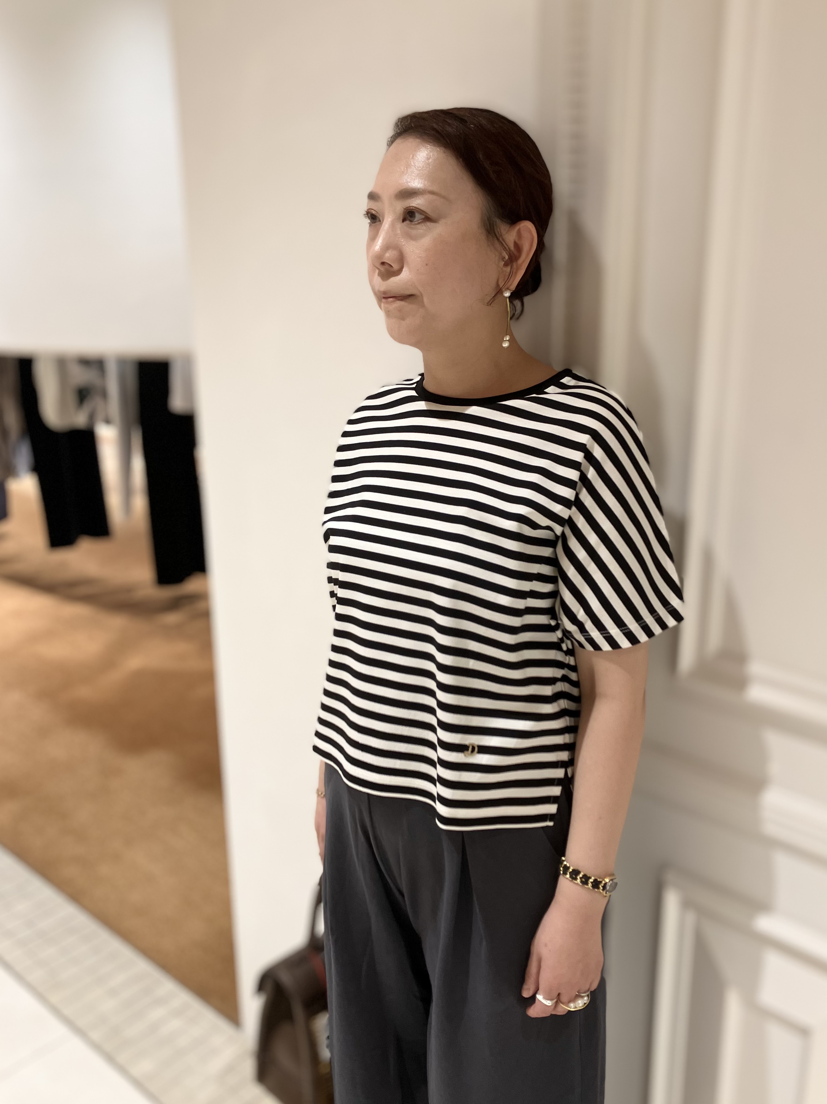 TAJIさんの「DRESSTERIOR｜【接触冷感／抗菌防臭／消臭】アイスクリアコットンドルマンスリーブボーダーTシャツ」を使ったコーディネート