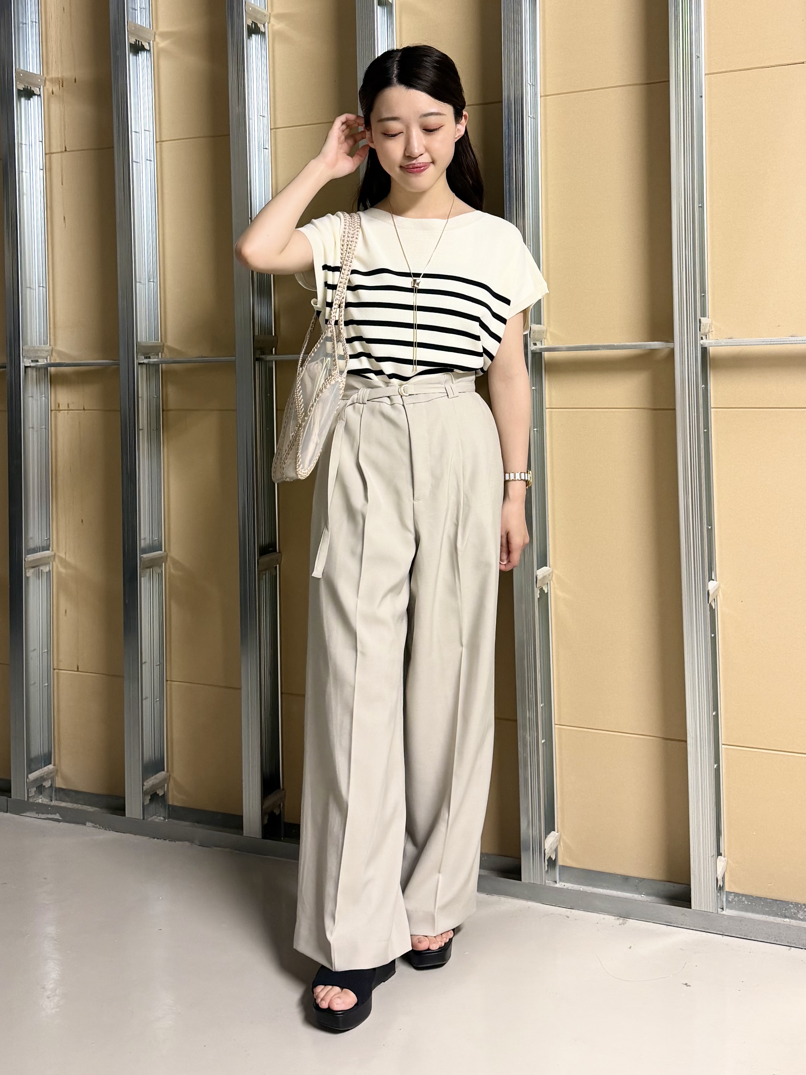 sahoさんの「THE SHOP TK｜【S-XL/ひんやりタッチ】多機能フレンチスリーブニット 洗濯機OK/UVケア/毛玉になりにくい」を使ったコーディネート