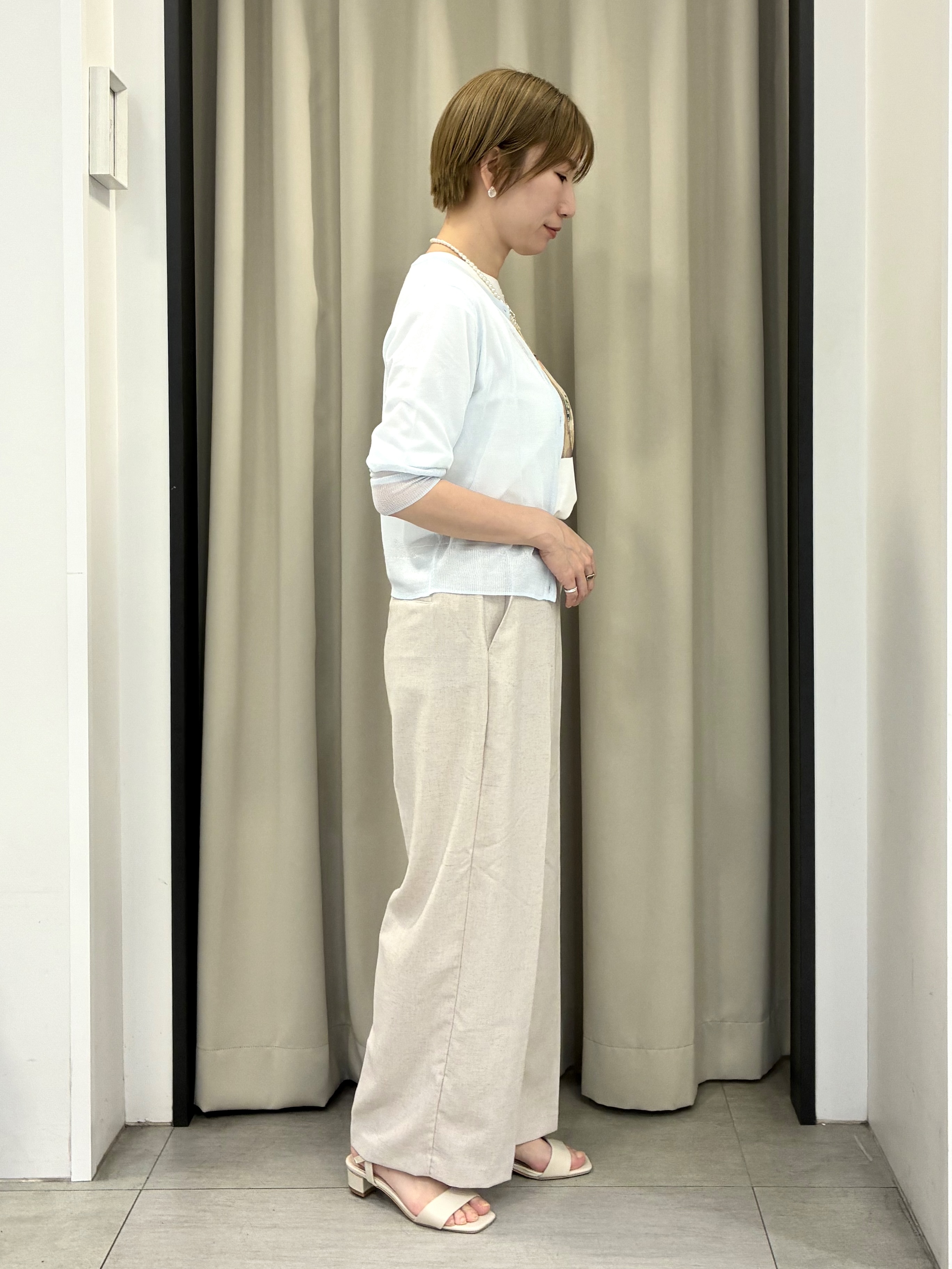 eguchiさんの「grove｜高評価！【洗える/名品】大人の透け感、シアーカーディガン」を使ったコーディネート