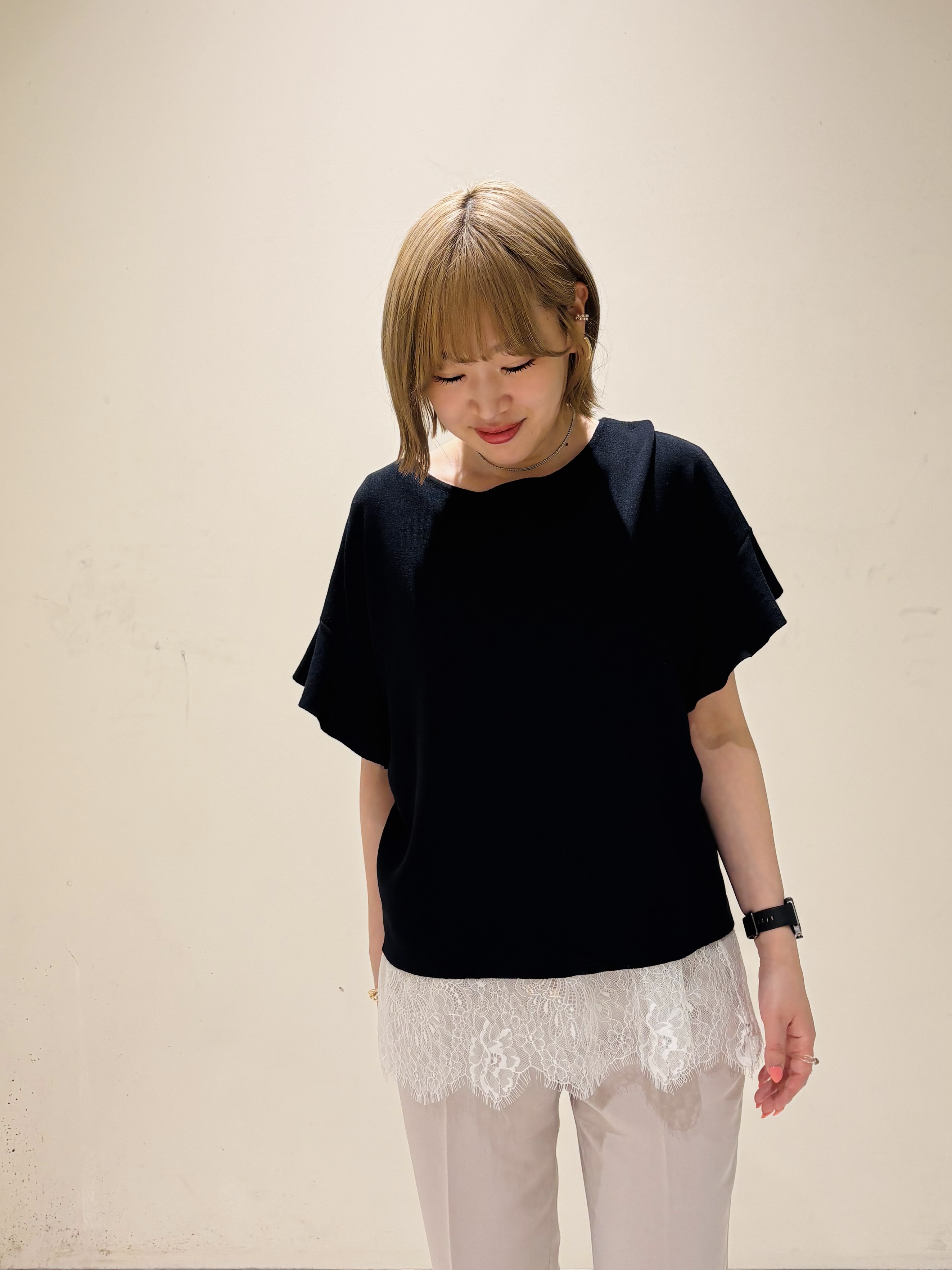 みきちぃさんの「OPAQUE.CLIP｜【UV／遮熱性】フリルスリーブニット《7col／洗濯機OK》」を使ったコーディネート
