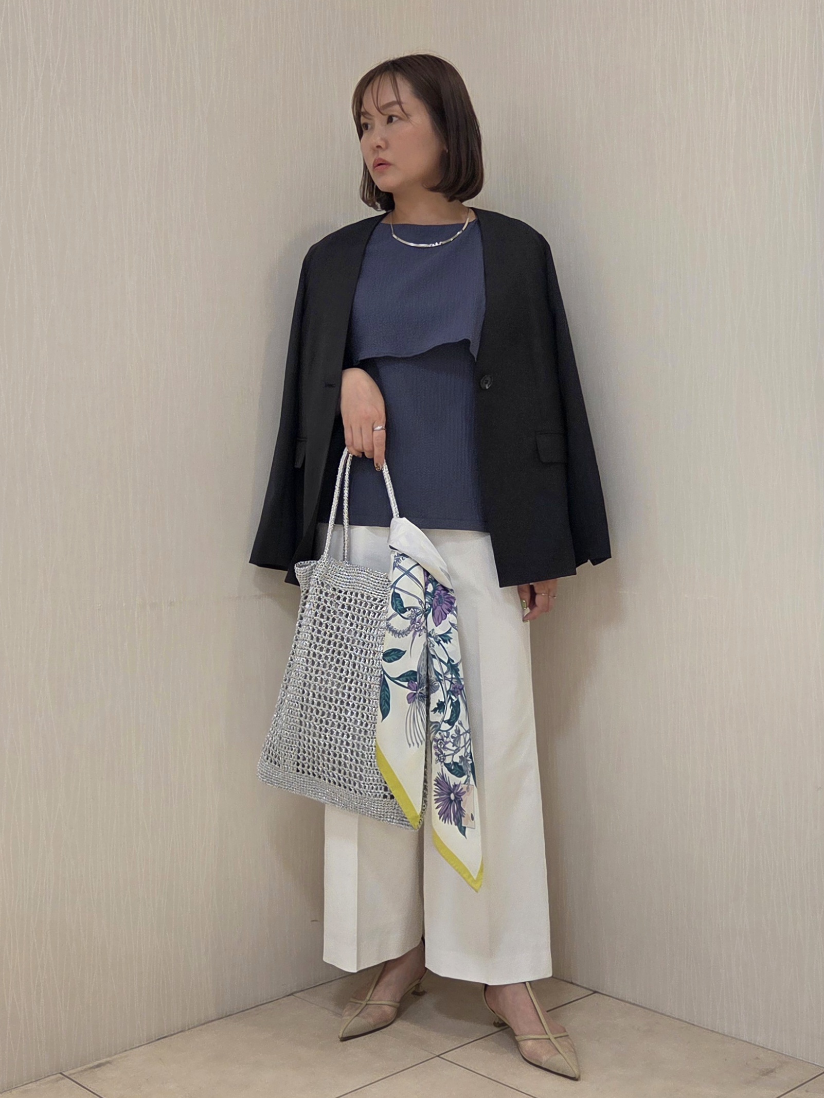 naokoさんの「UNTITLED｜【さらりと快適/セットアップ可/UV/接触冷感】スラブカラーレスジャケット」を使ったコーディネート
