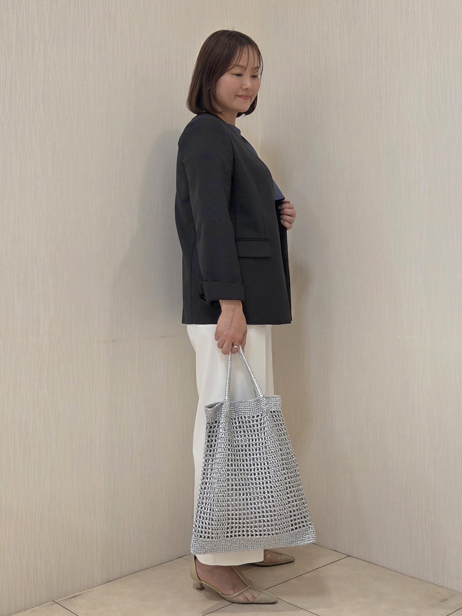 naokoさんの「UNTITLED｜【さらりと快適/セットアップ可/UV/接触冷感】スラブカラーレスジャケット」を使ったコーディネート