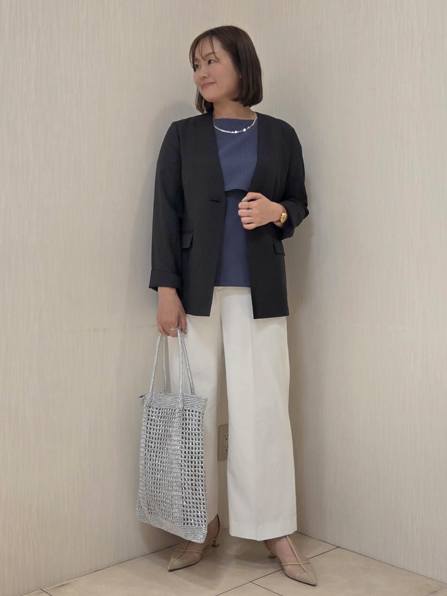 naokoさんの「UNTITLED｜【さらりと快適/セットアップ可/UV/接触冷感】スラブカラーレスジャケット」を使ったコーディネート