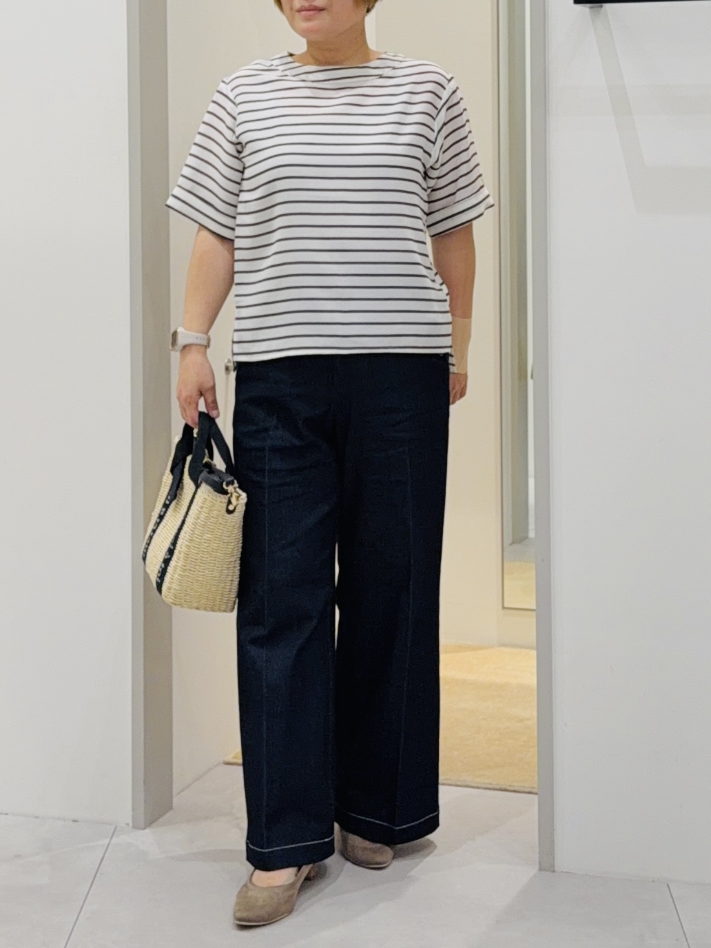 タナさんの「THE SHOP TK｜【M-XL/二の腕カバー】さらり麻調メッシュ5分袖ブラウス」を使ったコーディネート