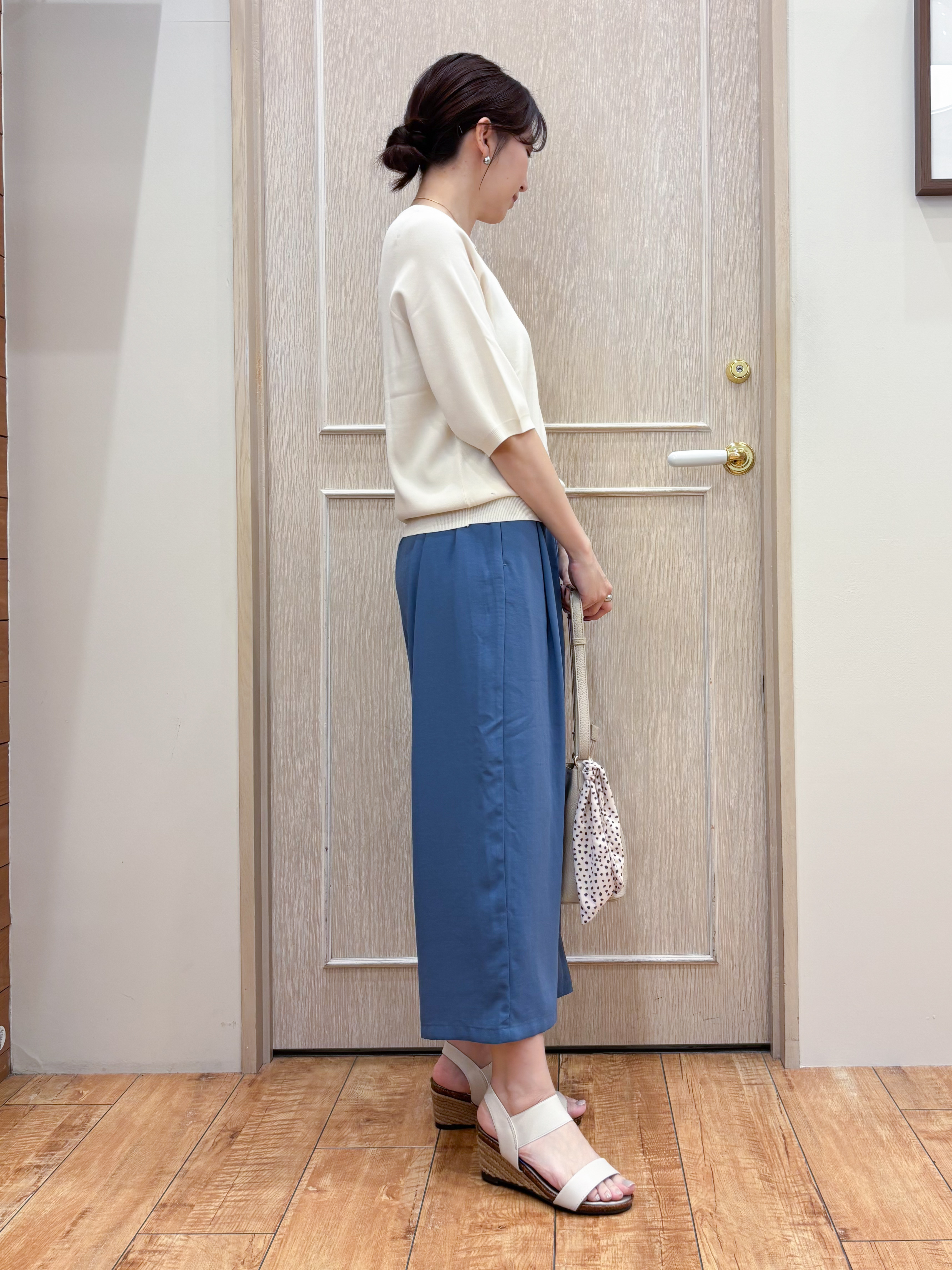 なみさんの「SHOO･LA･RUE｜【毎日洗える/S-LL/ひんやり/UV】上半身すっきり 二の腕見せない5分袖ニット」を使ったコーディネート