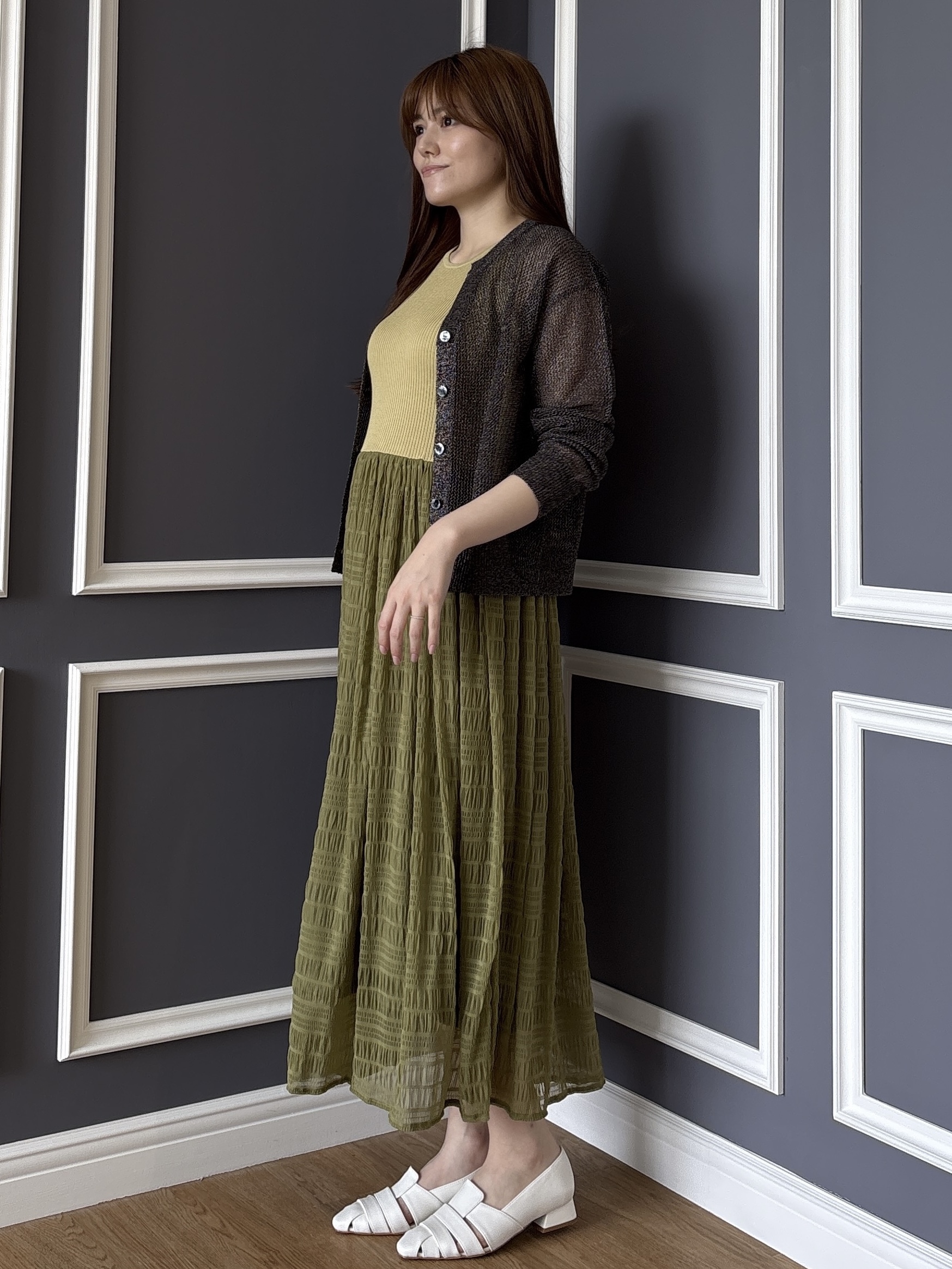 sayaさんの「grove｜【貴島明日香さん着用】ラメメッシュキーネックカーディガン」を使ったコーディネート
