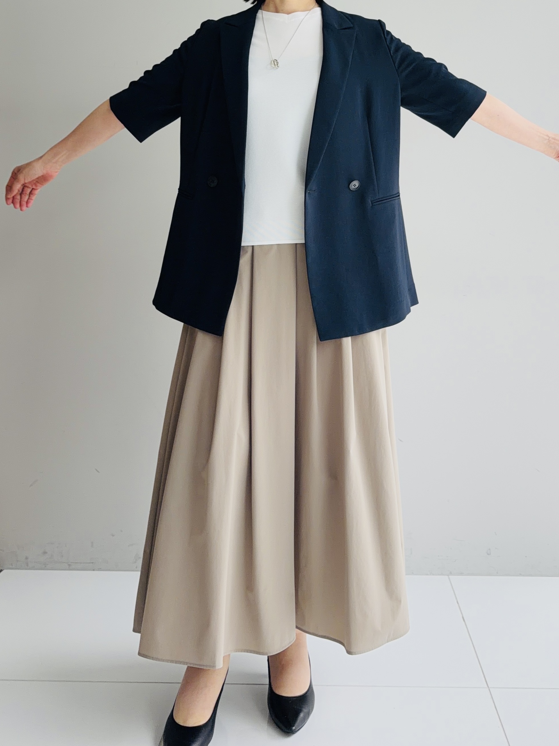 murayamaさんの「INDIVI｜【着る日傘】ハーフスリーブダブルジャケット」を使ったコーディネート