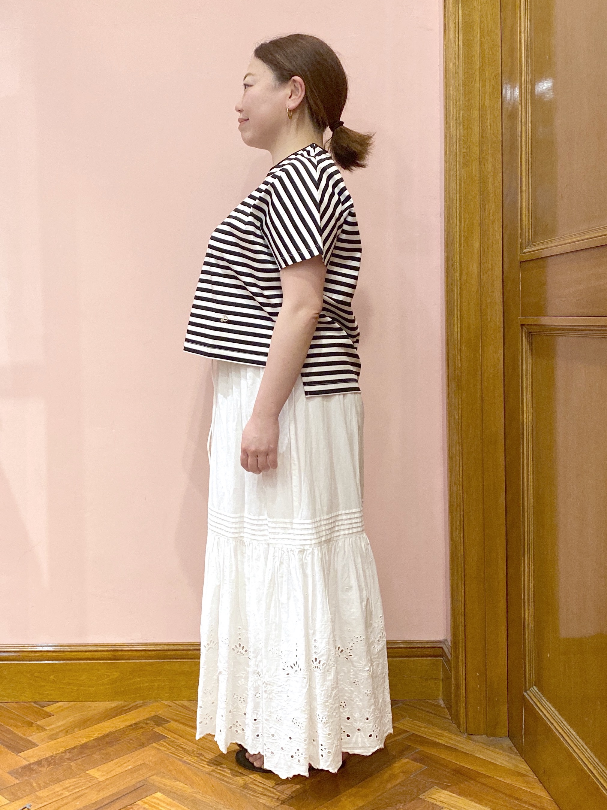 Ayano.Kさんの「DRESSTERIOR｜【接触冷感／抗菌防臭／消臭】アイスクリアコットンドルマンスリーブボーダーTシャツ」を使ったコーディネート