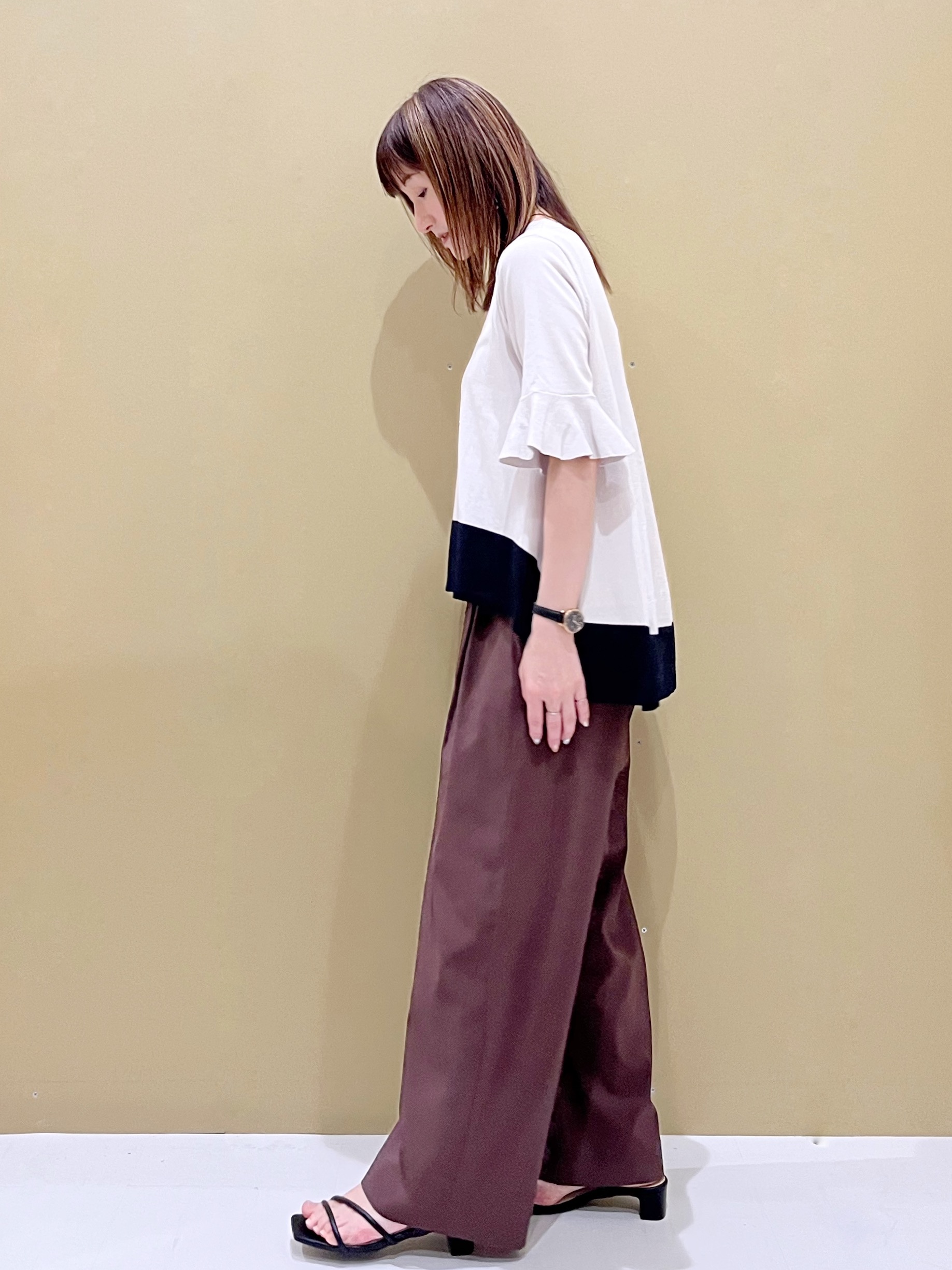 yukariさんの「OPAQUE.CLIP｜【UV／遮熱性】配色フレアシルエットニット《洗濯機OK》」を使ったコーディネート