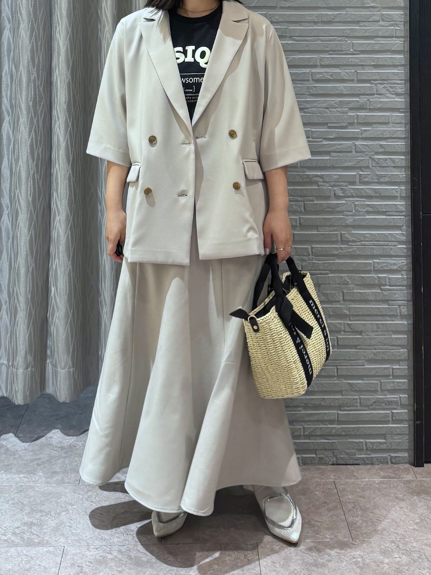 chさんの「THE SHOP TK｜【セットアップ可】麻調ダブルブレスト 6分袖ジャケット」を使ったコーディネート