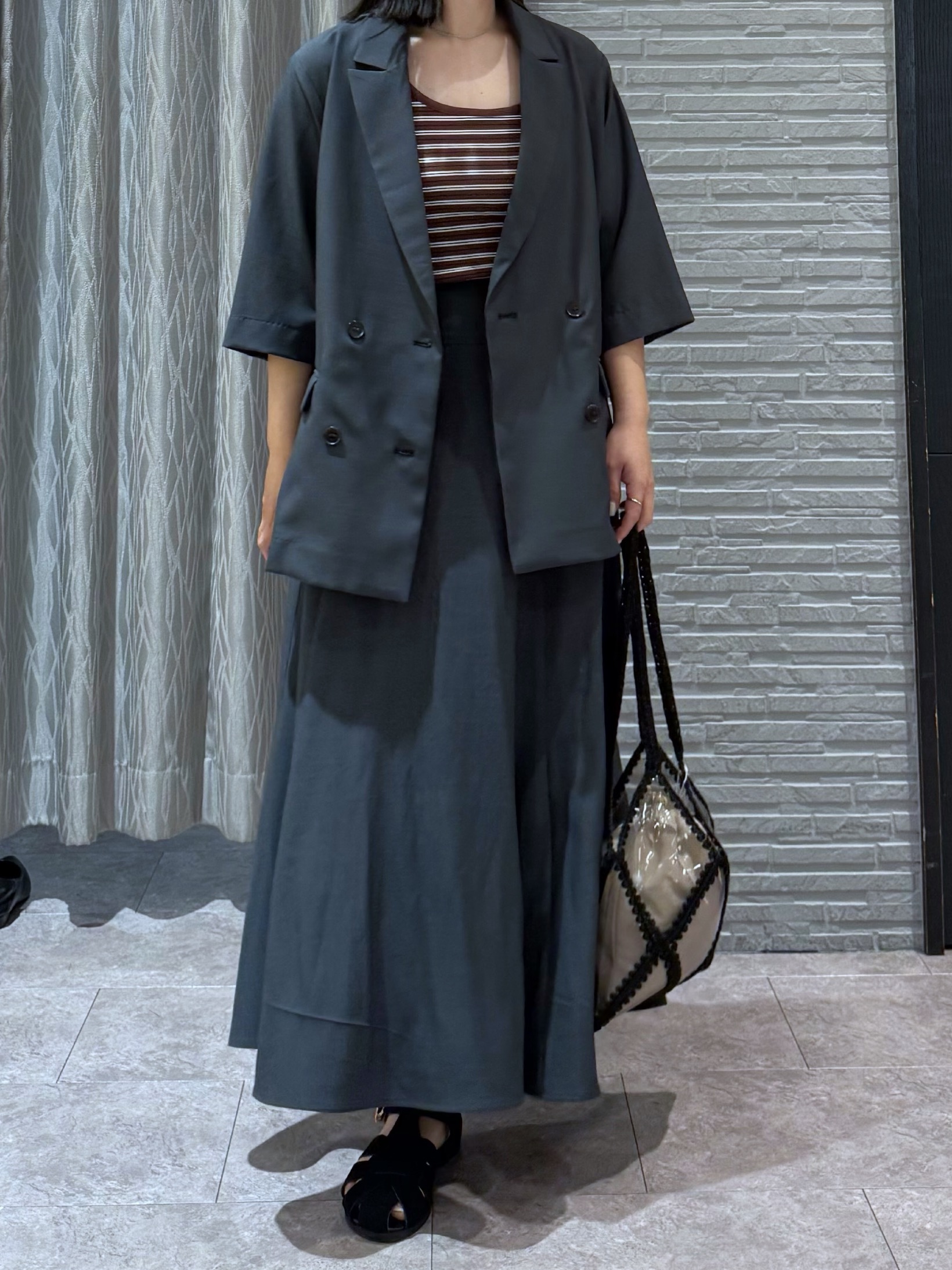 chさんの「THE SHOP TK｜【セットアップ可】麻調ダブルブレスト 6分袖ジャケット」を使ったコーディネート