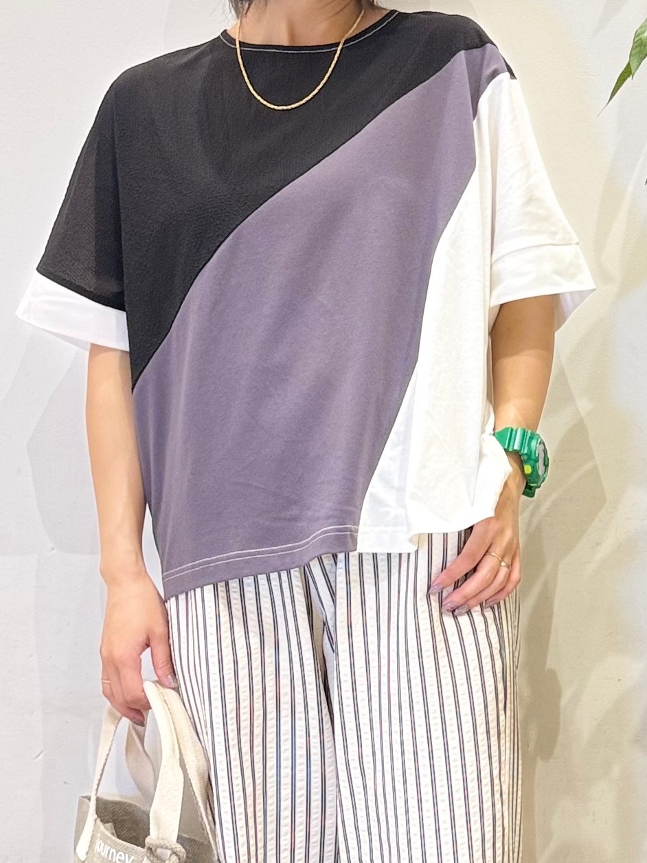 misakiさんの「SHOO･LA･RUE｜【S-LL/洗濯機可】インしないで着られる ななめ3段切り替えトップス」を使ったコーディネート
