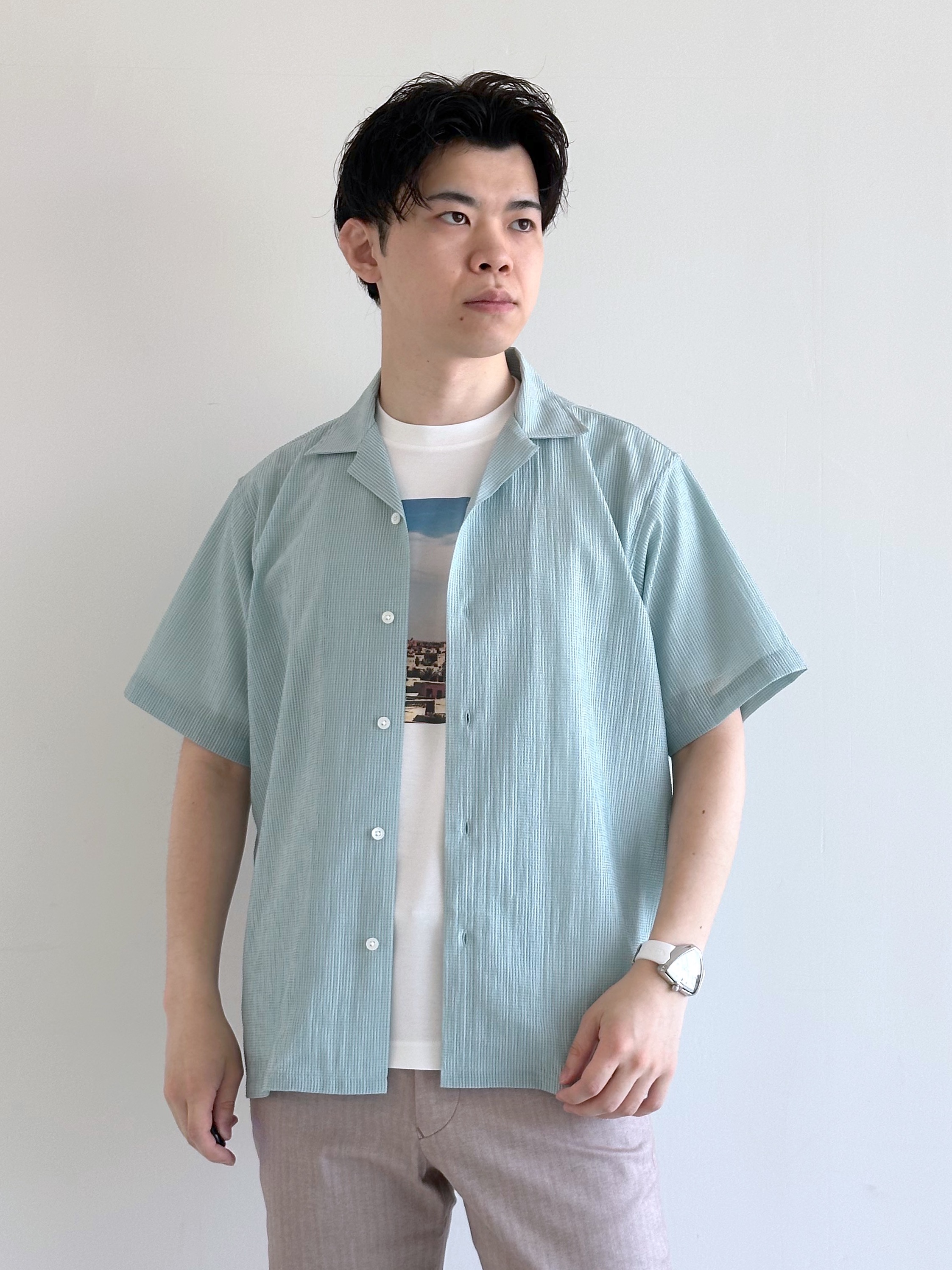 イッシーさんの「TAKEO KIKUCHI｜【通気性】トリコットサッカー オープンカラー シャツ」を使ったコーディネート