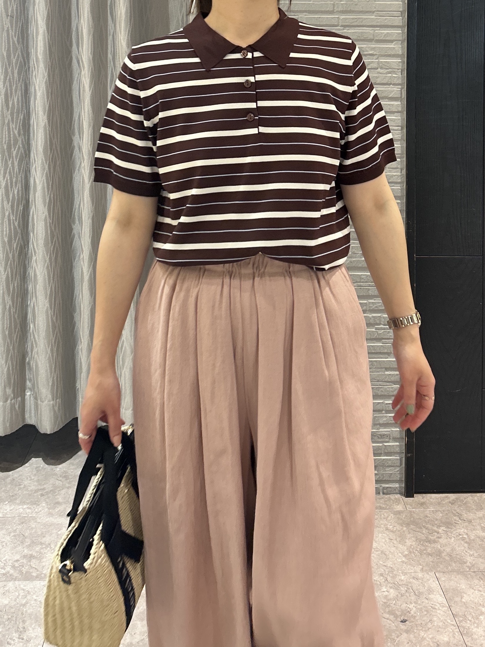 ga_riさんの「THE SHOP TK｜【ひんやり/アンチピリング/UV】1枚で主役になる ボーダーポロニット」を使ったコーディネート